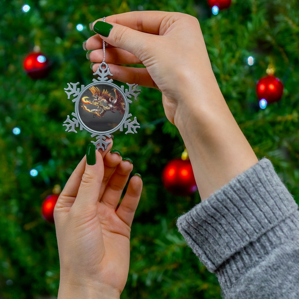 Merciless the Flaming SkyBird Pewter Snowflake Ornament with silver-toned hanging string, showcasing intricate snowflake design.