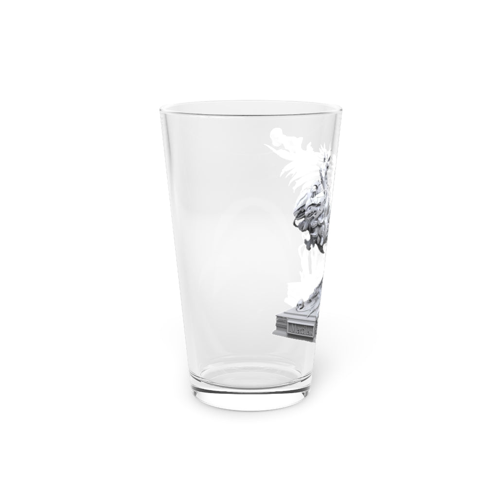 Merciless the Flaming SkyBird Pint Glass, 16oz, featuring a clear glass design with a customizable printed graphic.