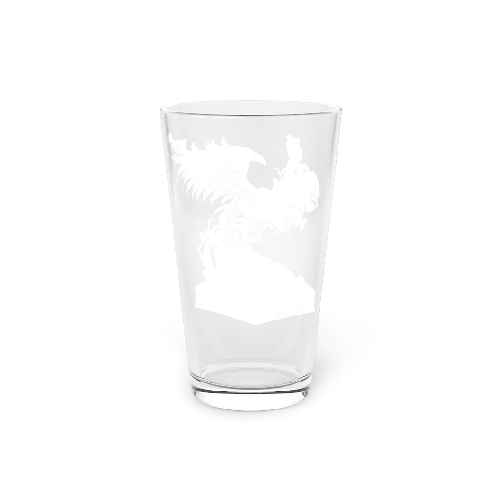 Merciless the Flaming SkyBird Pint Glass, 16oz, featuring a clear glass design with a customizable printed graphic.