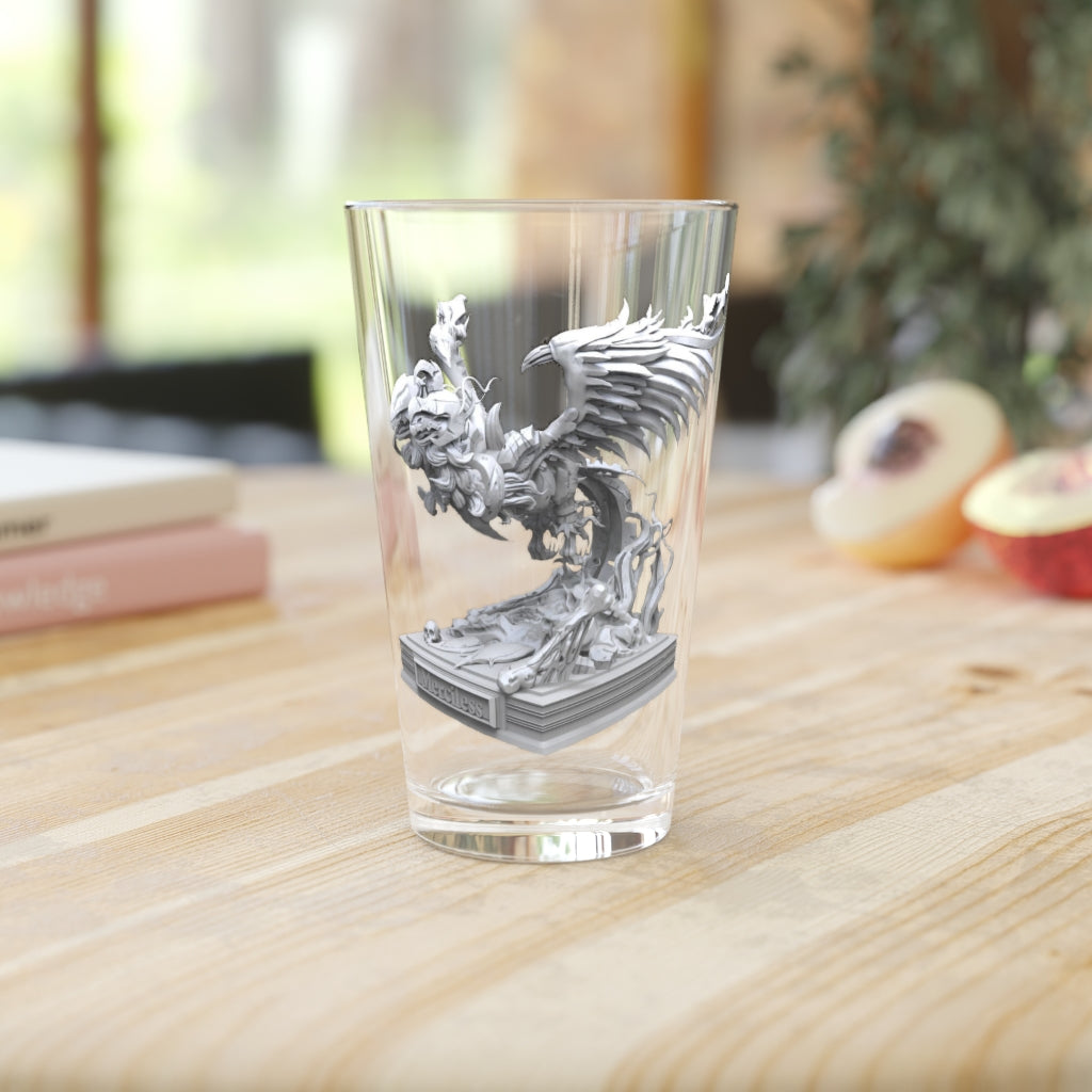 Merciless the Flaming SkyBird Pint Glass, 16oz, featuring a clear glass design with a customizable printed graphic.