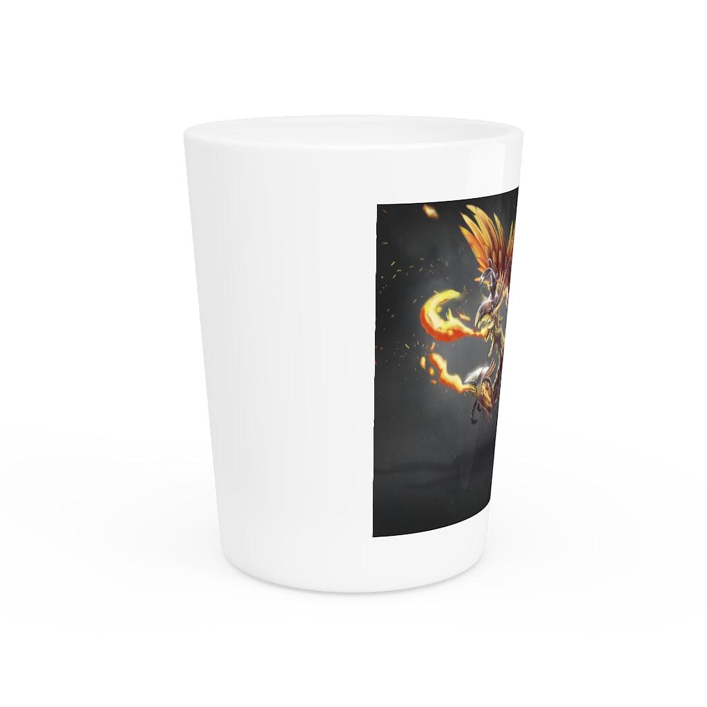 Merciless Flaming SkyBird Shot Glass with customizable design, featuring a white ceramic body and black interior.