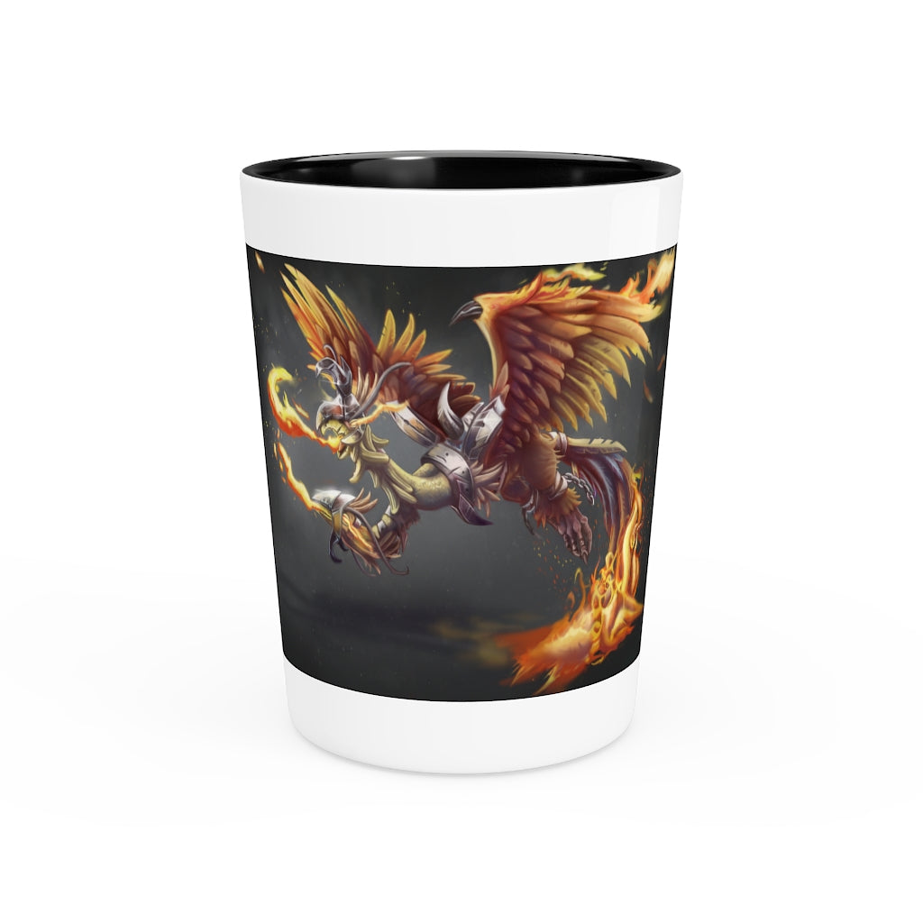 Merciless Flaming SkyBird Shot Glass with customizable design, featuring a white ceramic body and black interior.