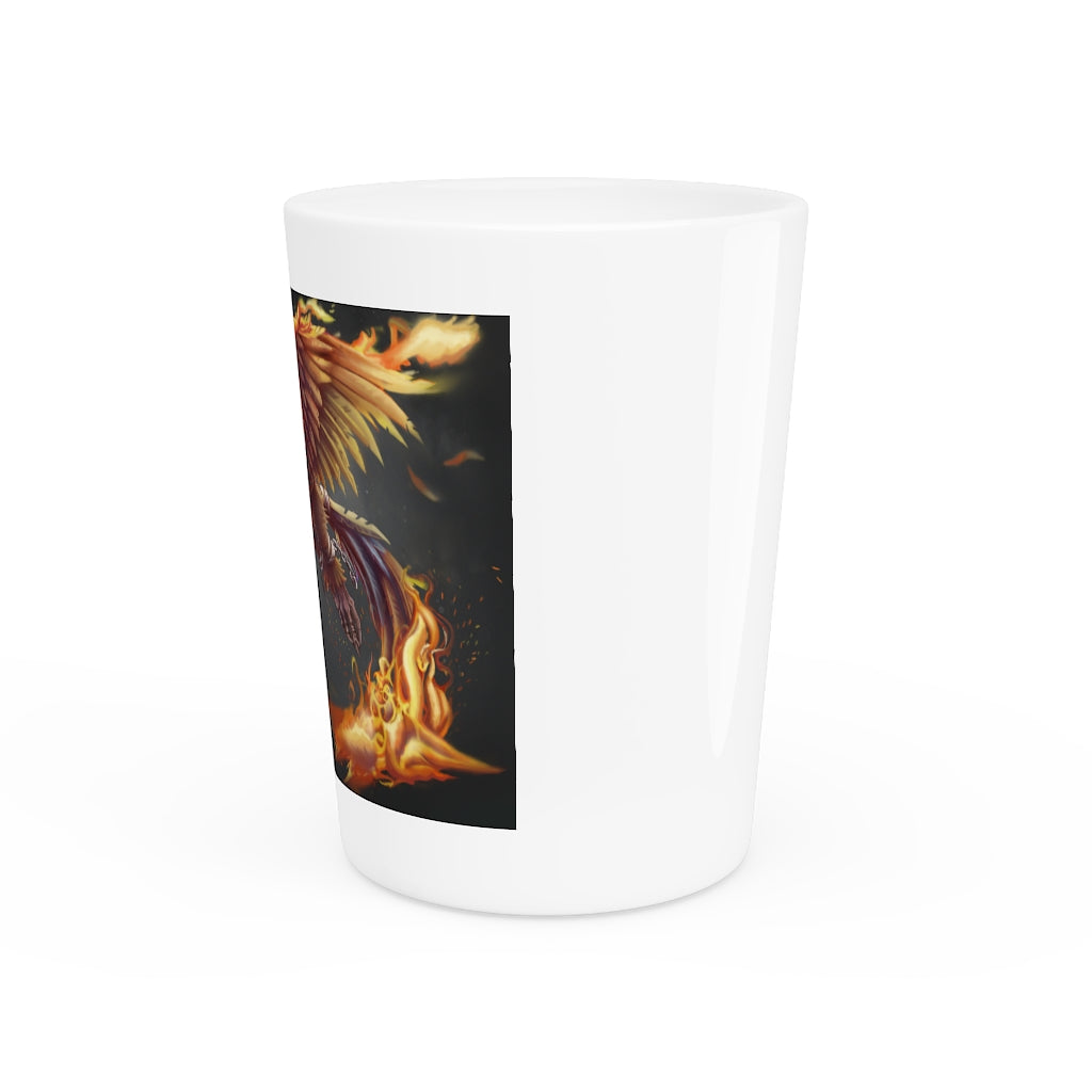 Merciless Flaming SkyBird Shot Glass with customizable design, featuring a white ceramic body and black interior.