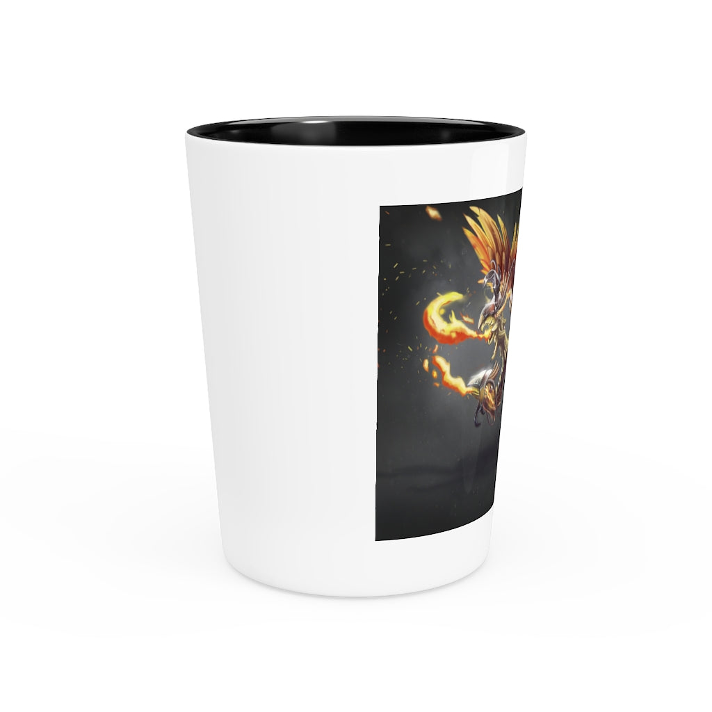 Merciless Flaming SkyBird Shot Glass with customizable design, featuring a white ceramic body and black interior.