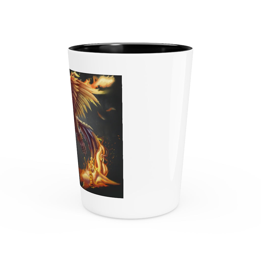 Merciless Flaming SkyBird Shot Glass with customizable design, featuring a white ceramic body and black interior.