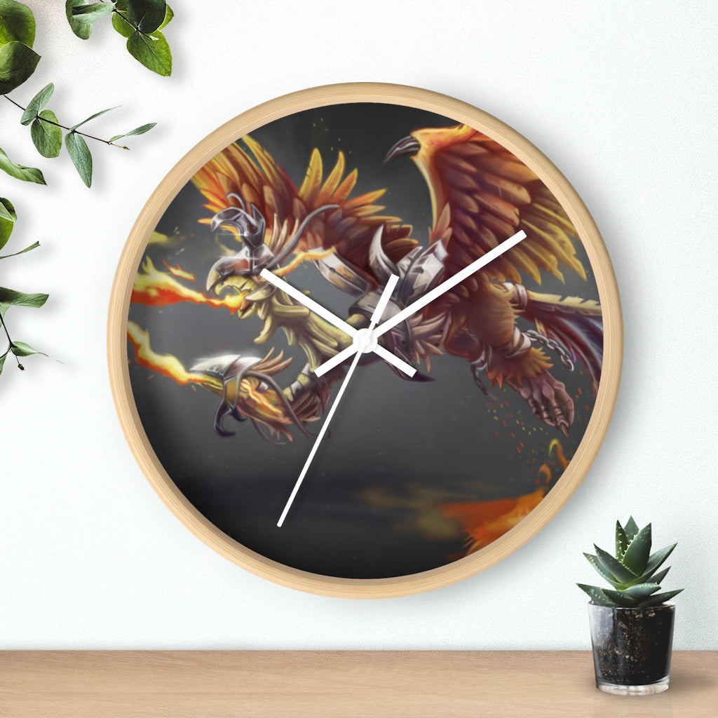 Merciless Flaming SkyBird Wall Clock with vibrant design and wooden frame, showcasing a unique flaming skybird motif.