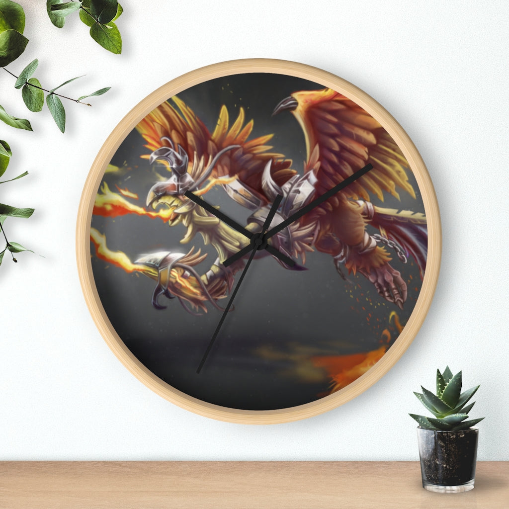 Merciless Flaming SkyBird Wall Clock with vibrant design and wooden frame, showcasing a unique flaming skybird motif.