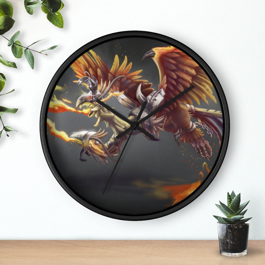 Merciless Flaming SkyBird Wall Clock with vibrant design and wooden frame, showcasing a unique flaming skybird motif.