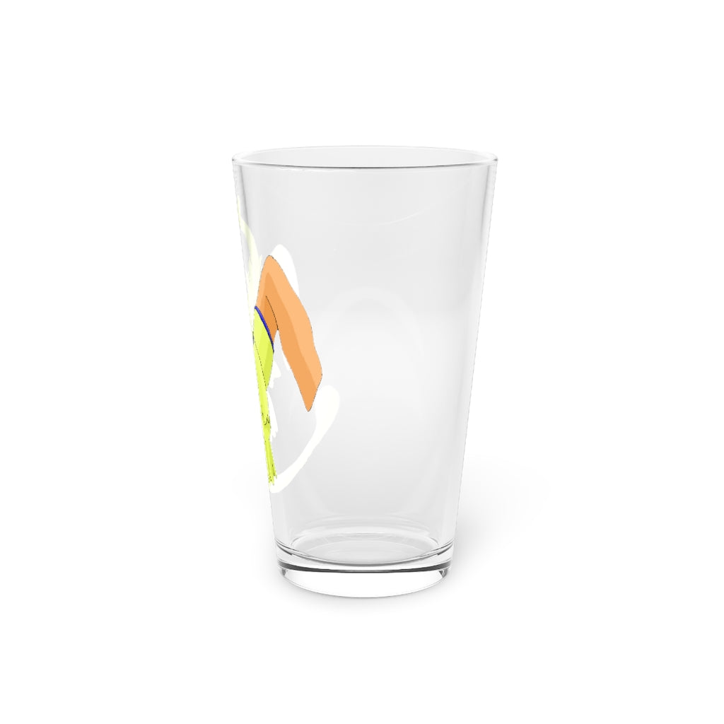 Mergilender Pint Glass, 16oz, clear glass with custom printed design, perfect for beverages.