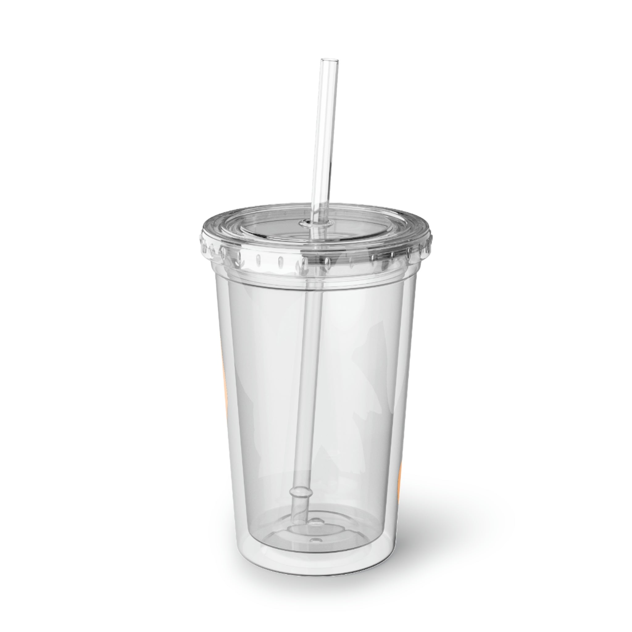 Mergilender Suave Acrylic Cup in stainless steel with a black screw-on cap and a plastic straw, showcasing a customizable design.