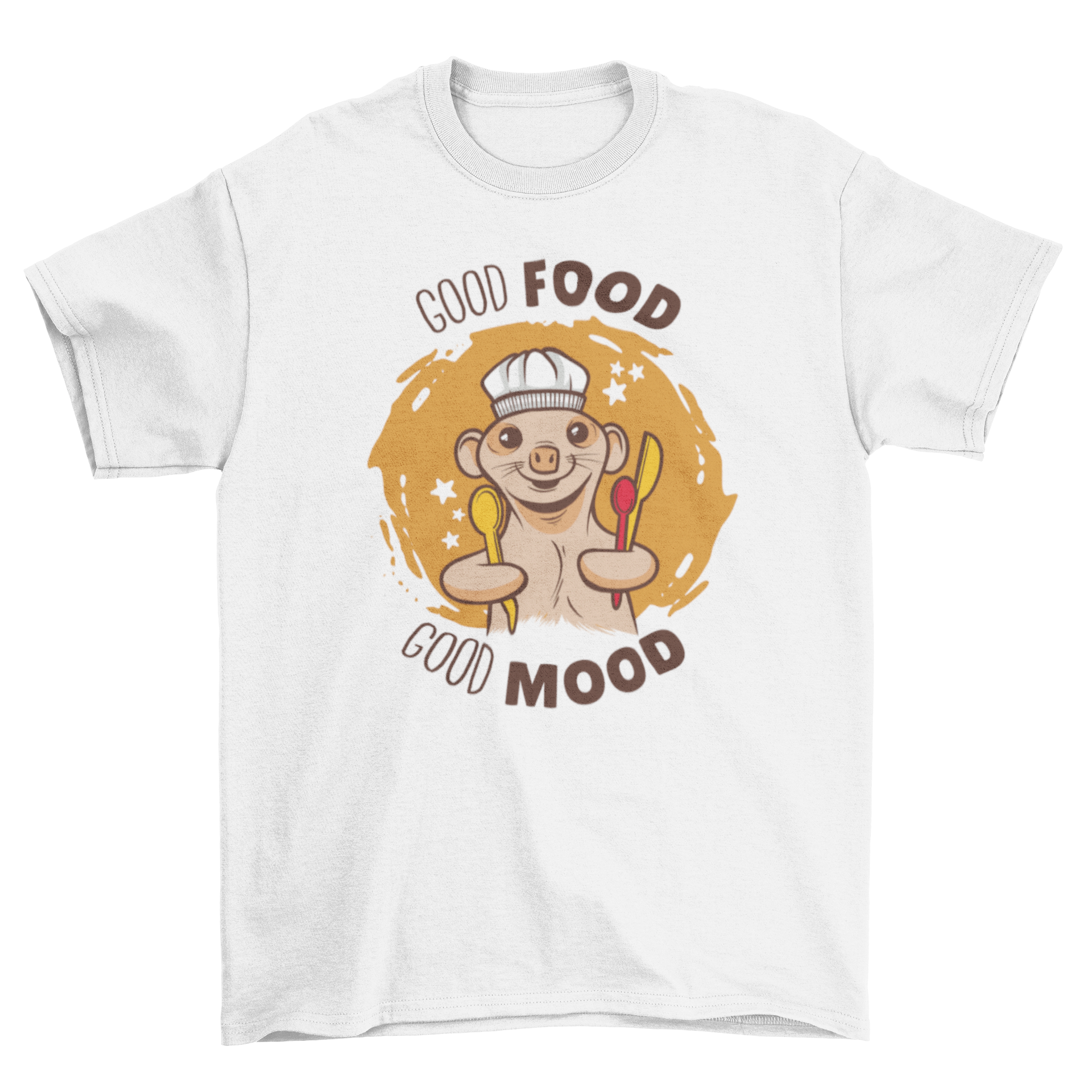 A cute t-shirt featuring a meerkat wearing a chef's hat and holding cooking utensils, perfect for animal lovers and cooking enthusiasts.