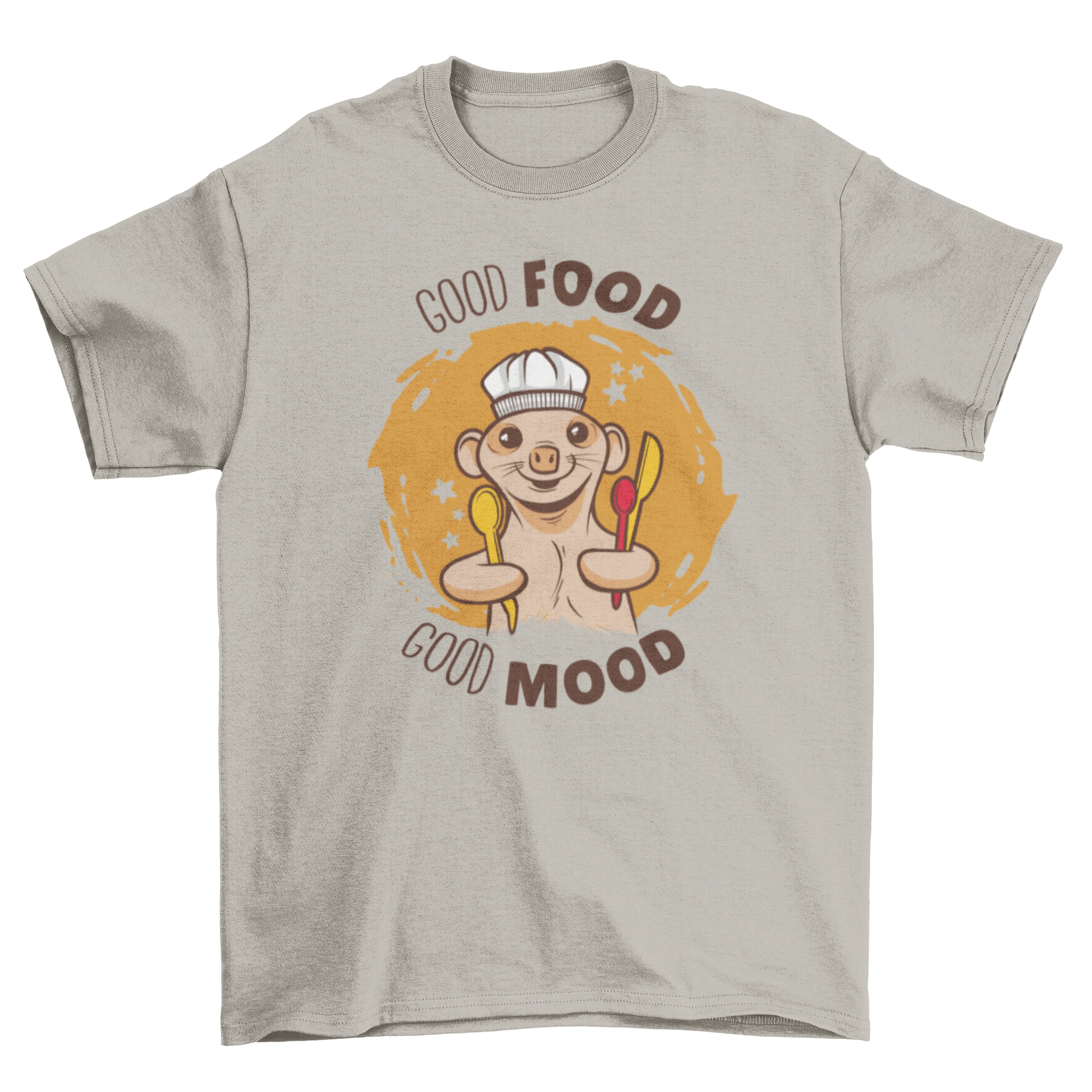 A cute t-shirt featuring a meerkat wearing a chef's hat and holding cooking utensils, perfect for animal lovers and cooking enthusiasts.