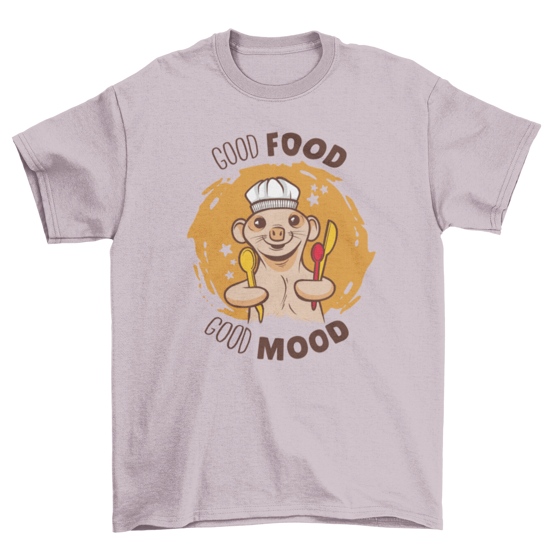 A cute t-shirt featuring a meerkat wearing a chef's hat and holding cooking utensils, perfect for animal lovers and cooking enthusiasts.