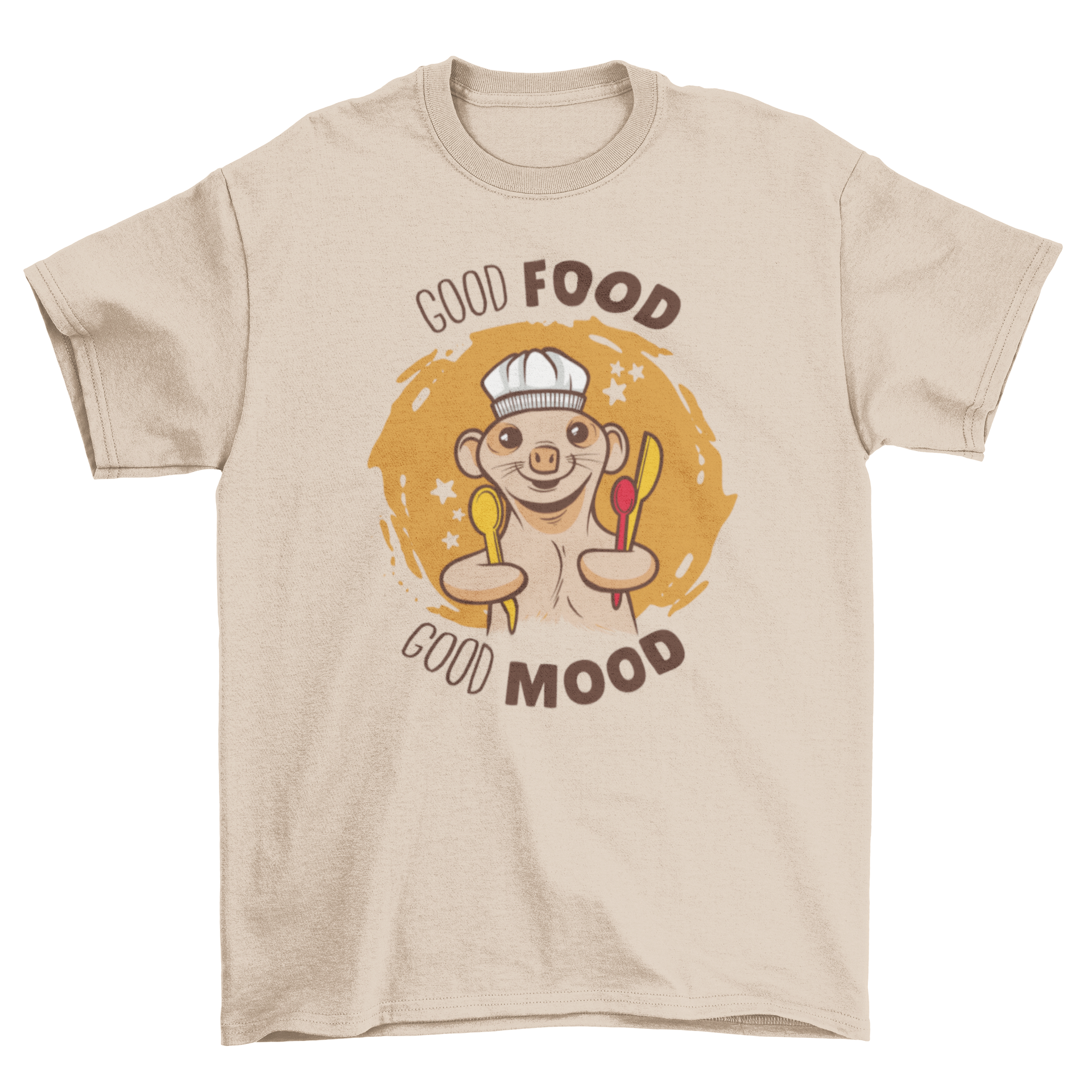 A cute t-shirt featuring a meerkat wearing a chef's hat and holding cooking utensils, perfect for animal lovers and cooking enthusiasts.