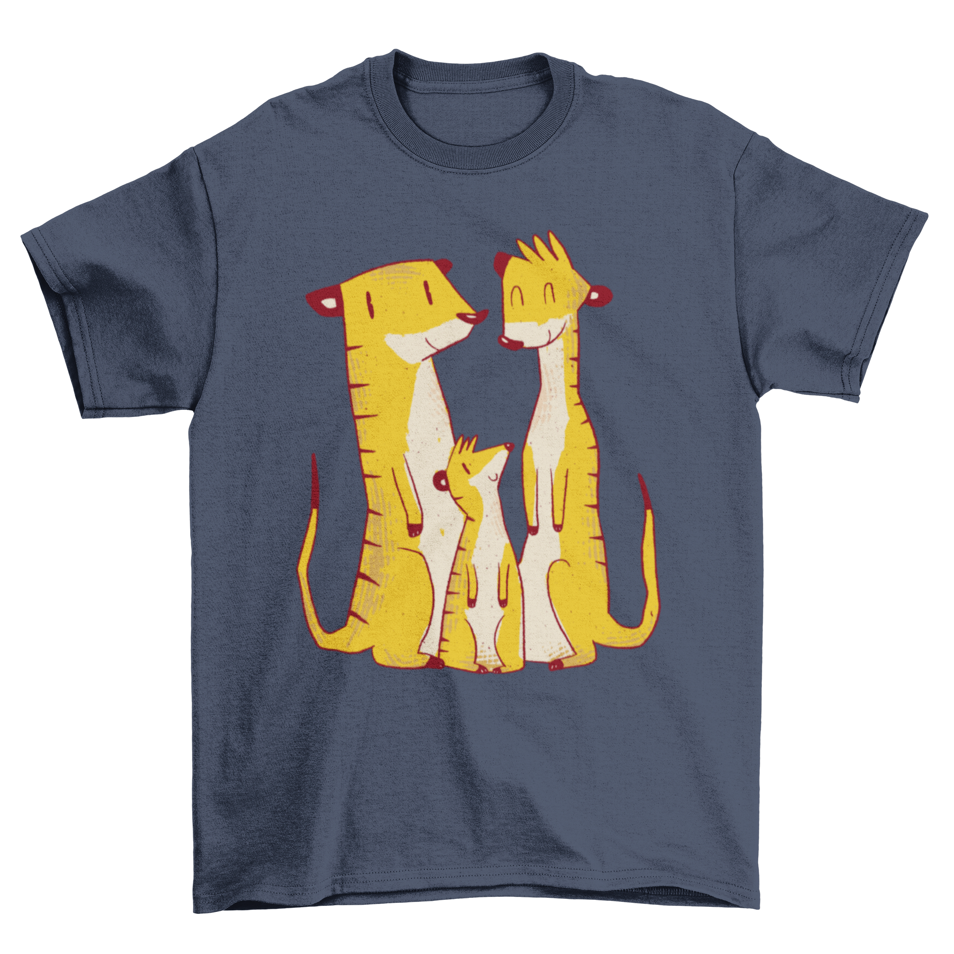 A colorful T-shirt design featuring a family of meerkats, showcasing their playful nature in a vibrant graphic.