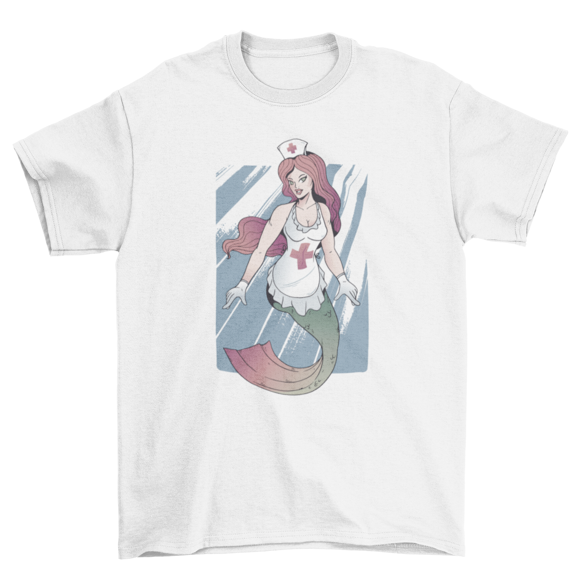 A stylish T-shirt featuring a whimsical mermaid nurse design, perfect for healthcare professionals.