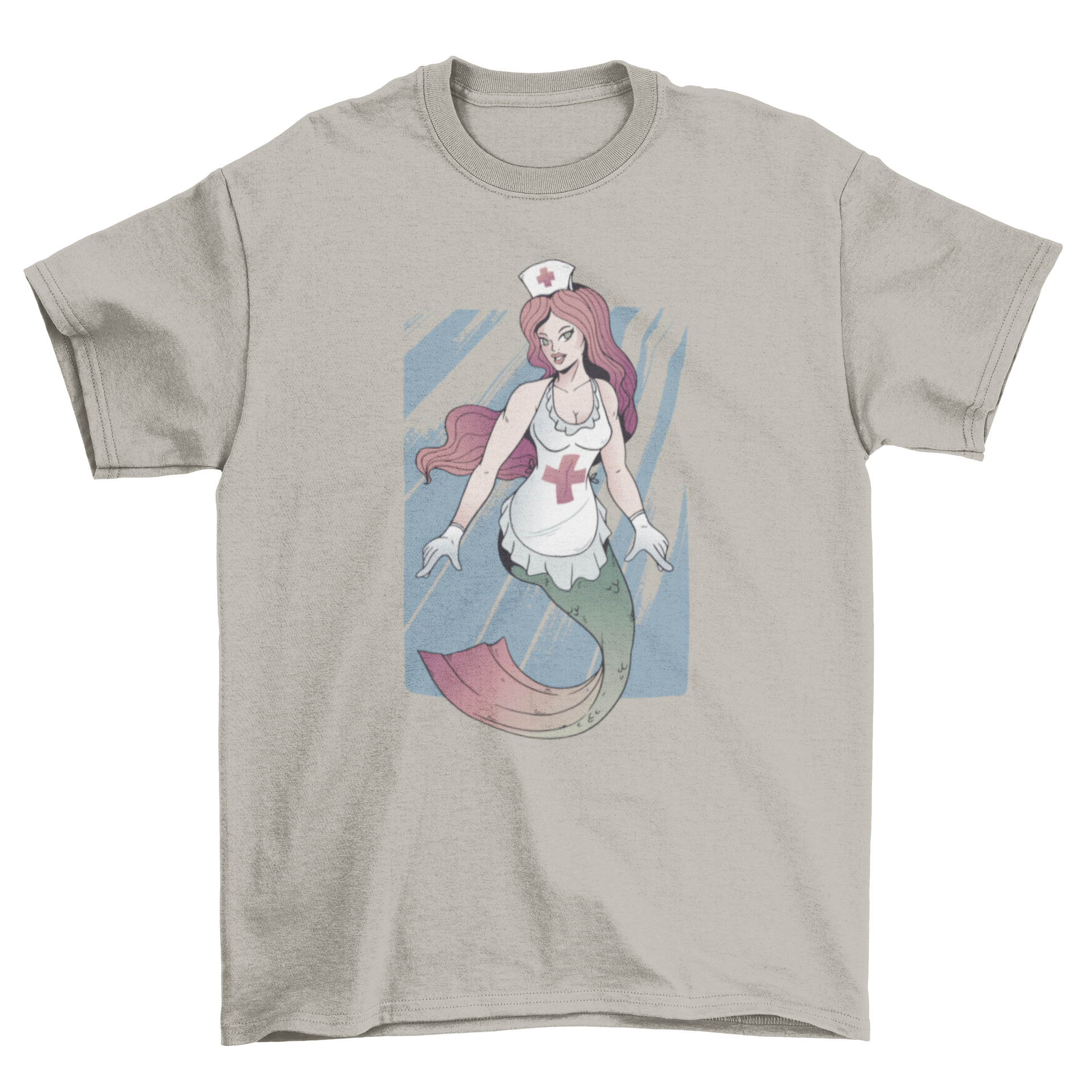 A stylish T-shirt featuring a whimsical mermaid nurse design, perfect for healthcare professionals.