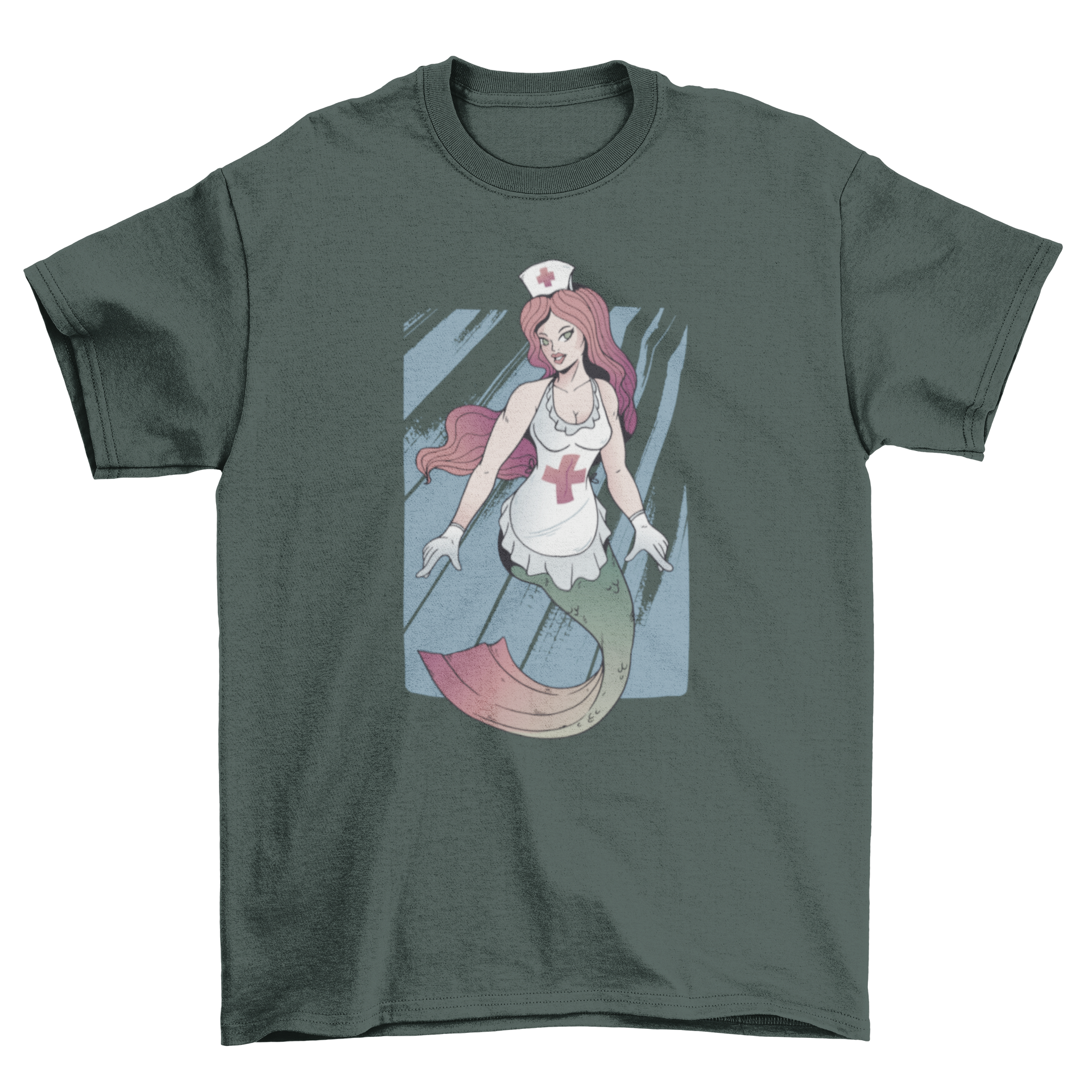 A stylish T-shirt featuring a whimsical mermaid nurse design, perfect for healthcare professionals.