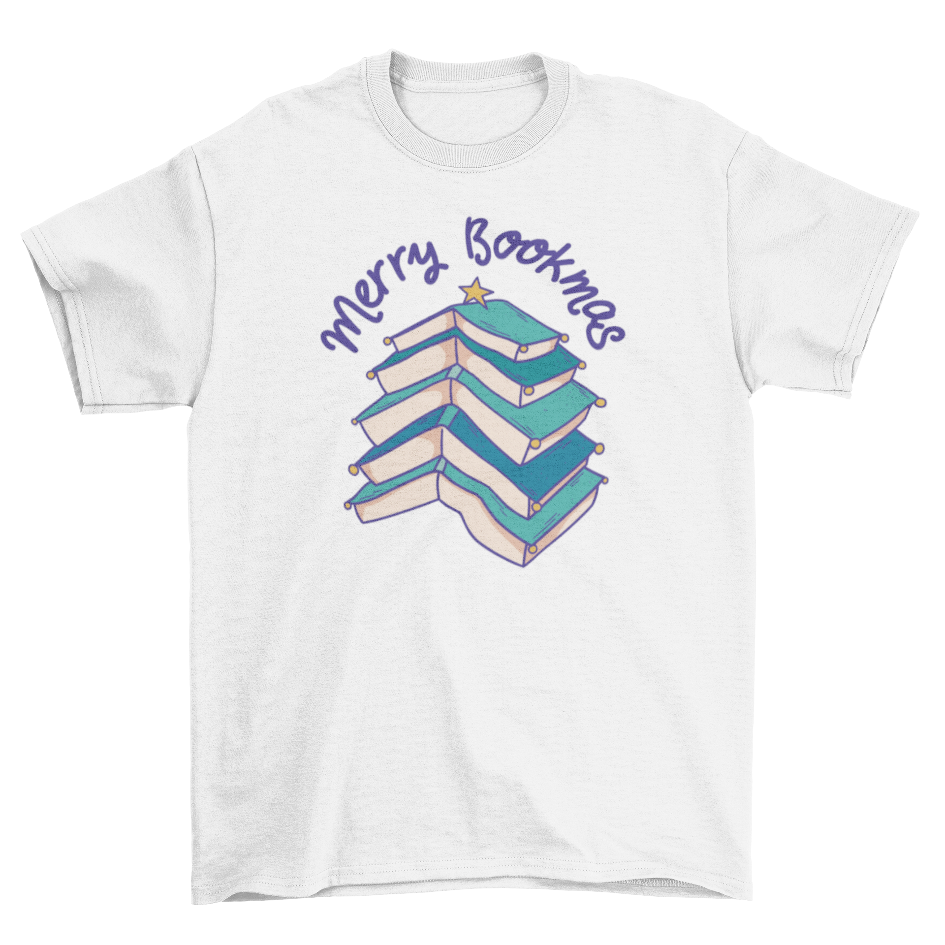 Merry Bookmas t-shirt featuring a Christmas tree made of books and the quote 'Merry Bookmas'.