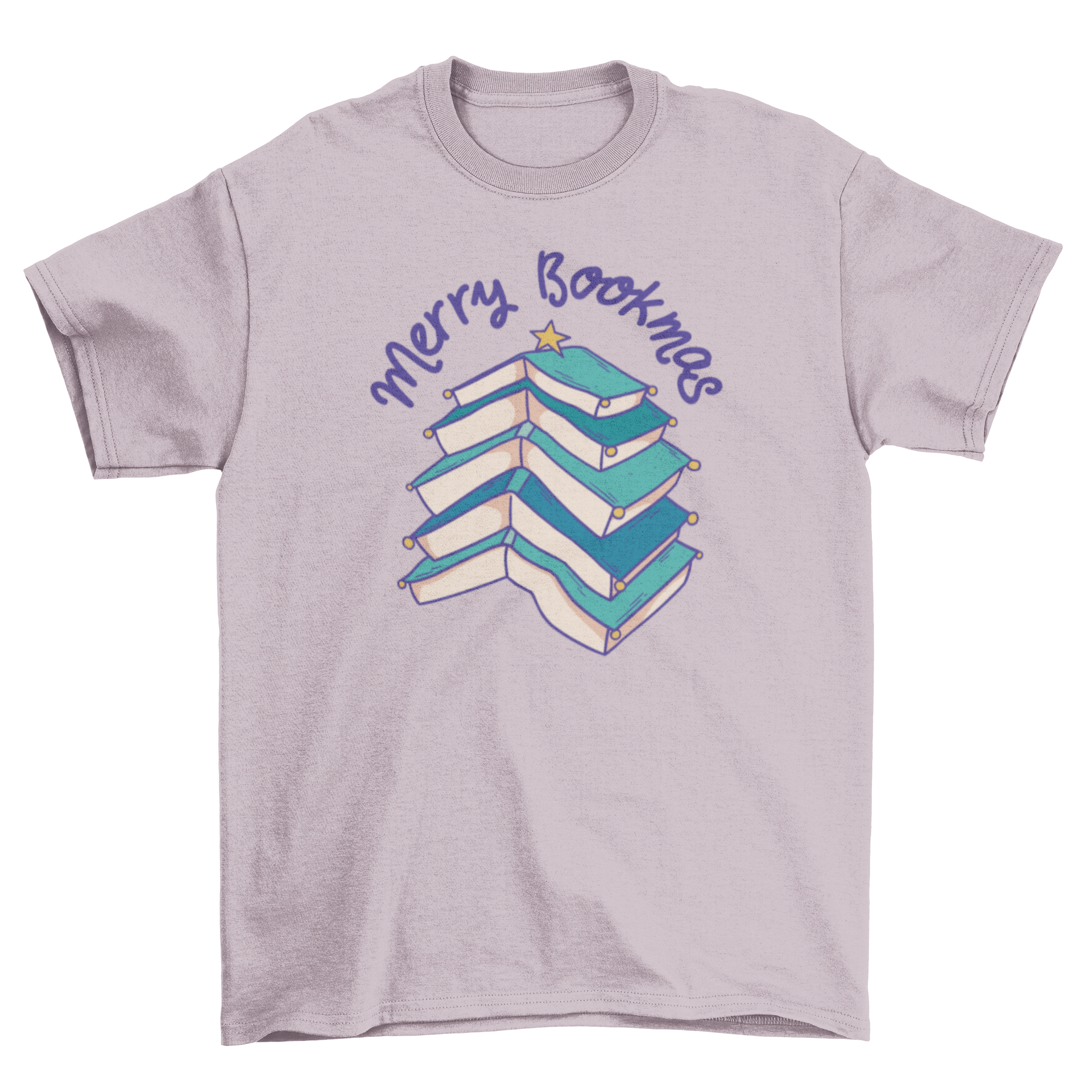 Merry Bookmas t-shirt featuring a Christmas tree made of books and the quote 'Merry Bookmas'.