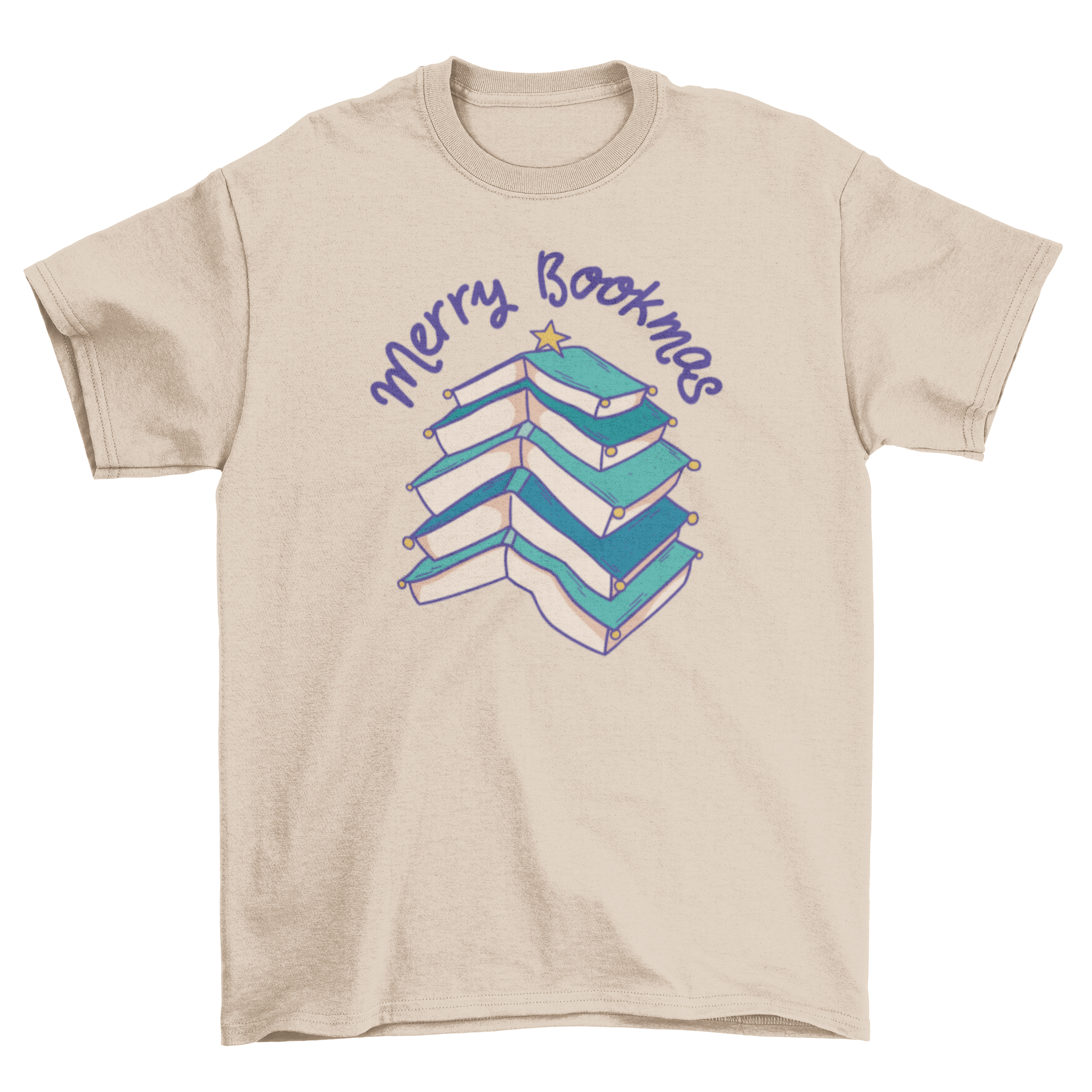 Merry Bookmas t-shirt featuring a Christmas tree made of books and the quote 'Merry Bookmas'.