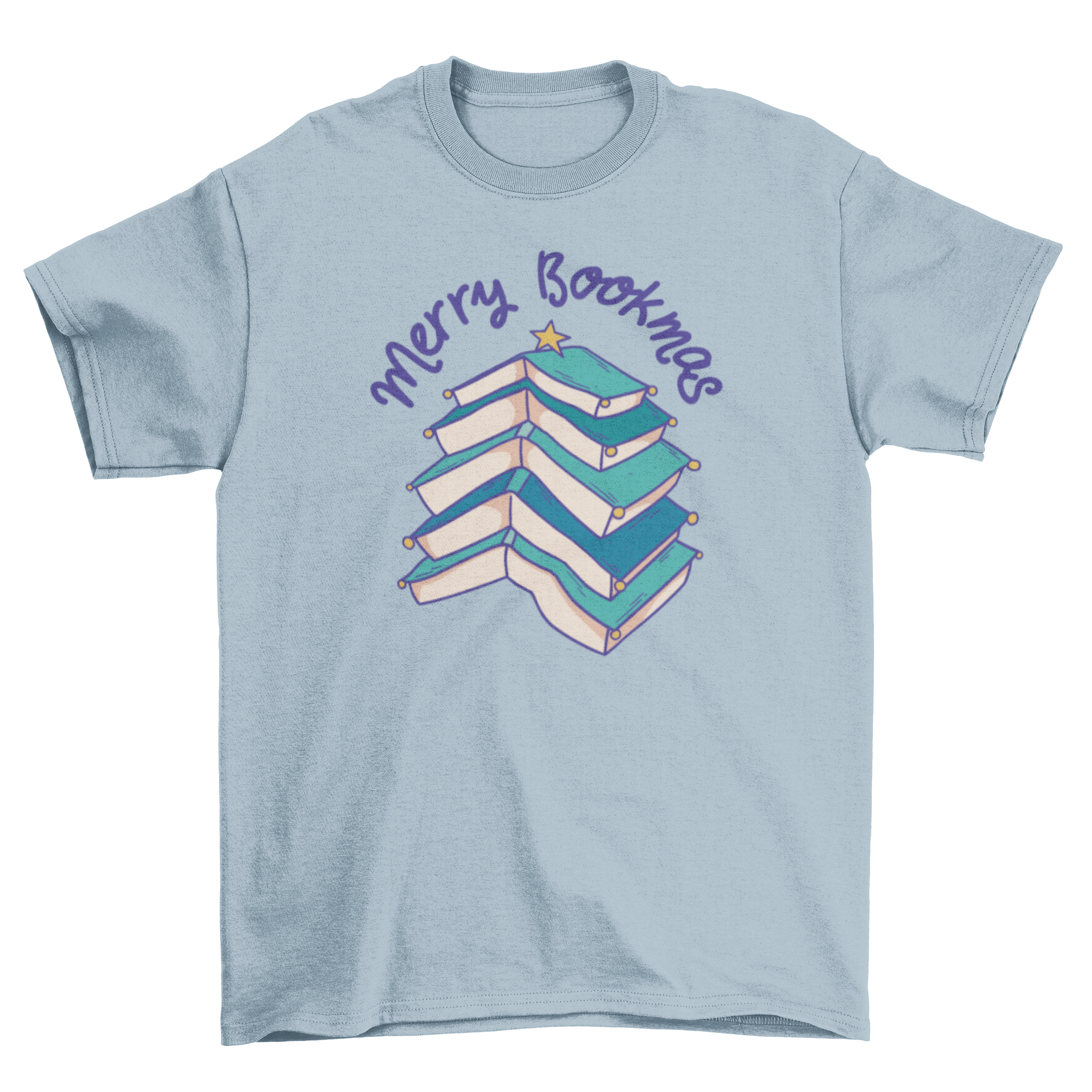 Merry Bookmas t-shirt featuring a Christmas tree made of books and the quote 'Merry Bookmas'.