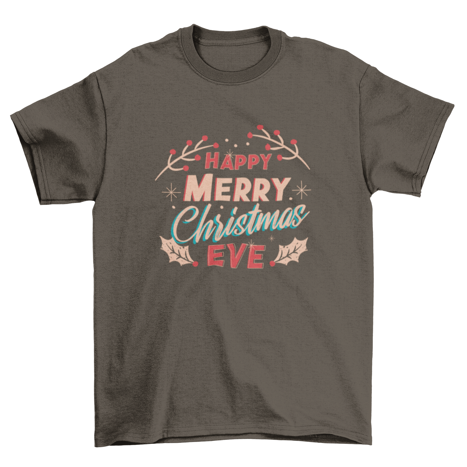 Merry Christmas Eve t-shirt featuring the quote 'Happy merry Christmas eve' in a festive design.