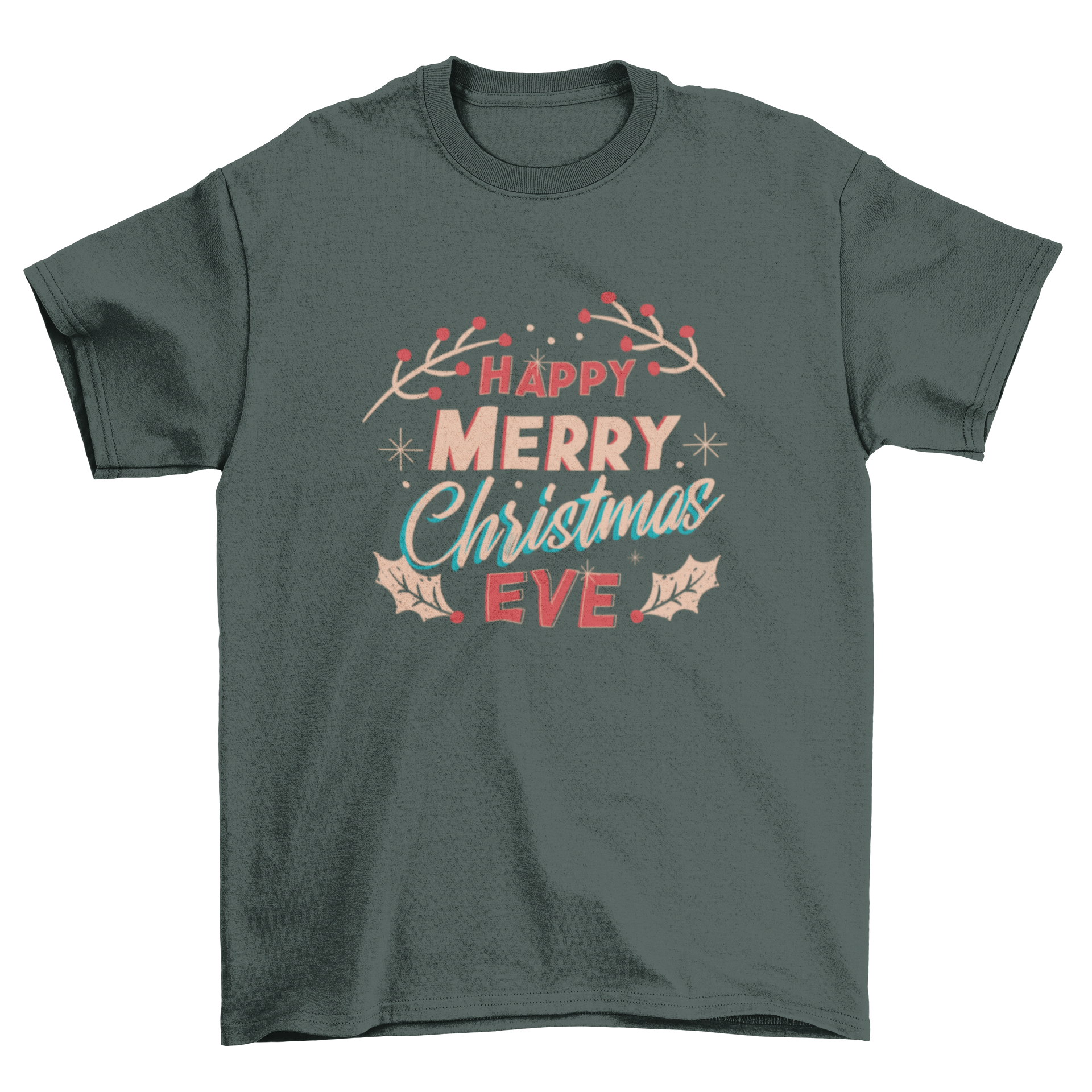 Merry Christmas Eve t-shirt featuring the quote 'Happy merry Christmas eve' in a festive design.