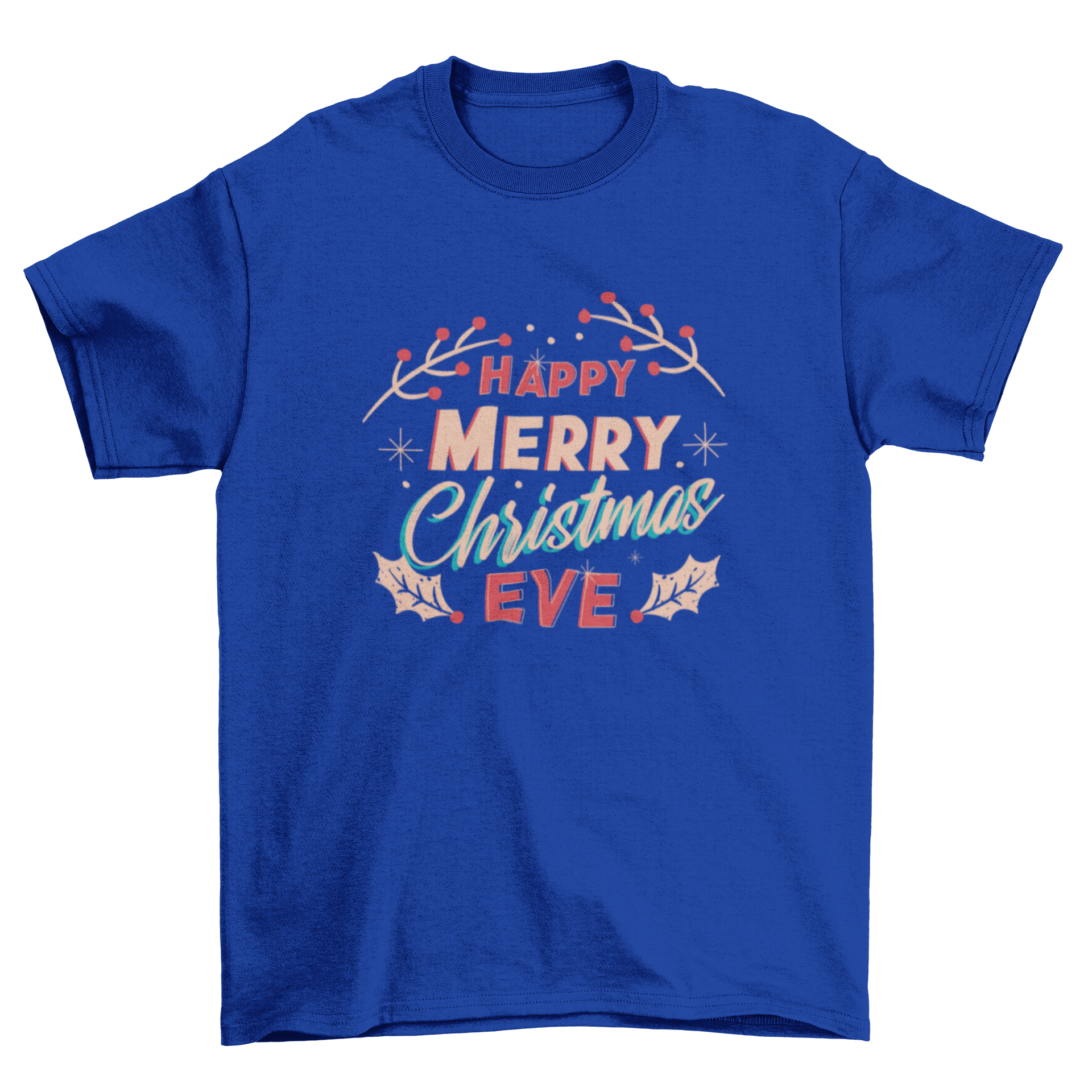 Merry Christmas Eve t-shirt featuring the quote 'Happy merry Christmas eve' in a festive design.