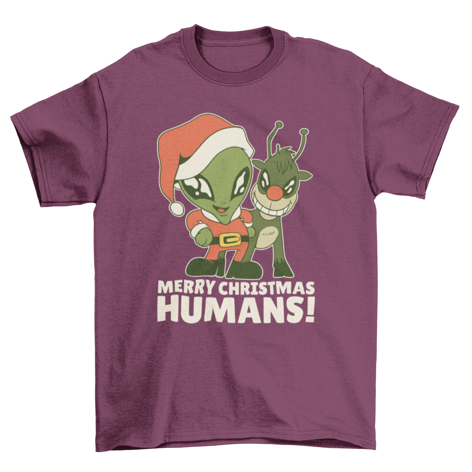 A humorous t-shirt featuring an alien in Santa clothes and a reindeer with the text 'Merry Christmas humans!'