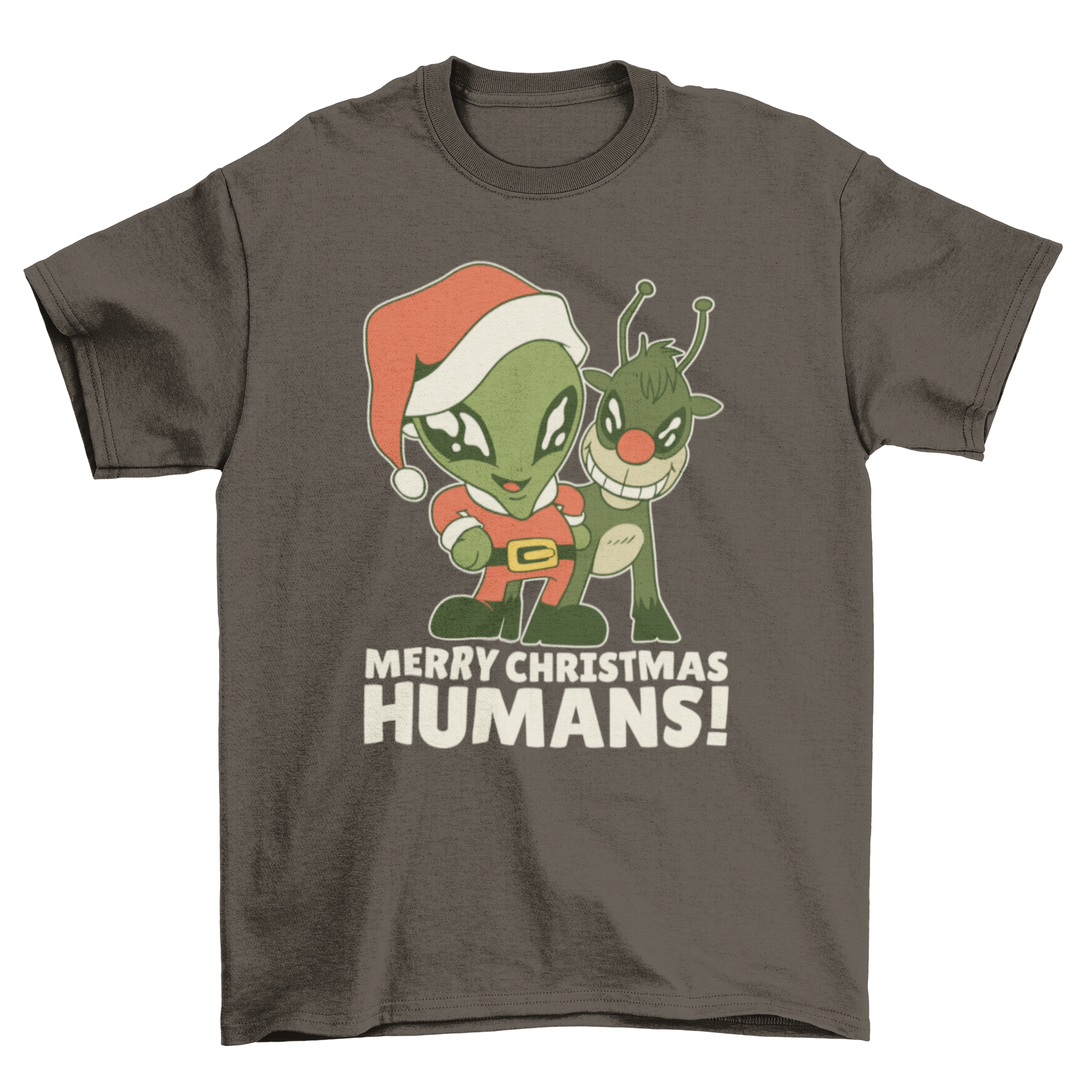 A humorous t-shirt featuring an alien in Santa clothes and a reindeer with the text 'Merry Christmas humans!'