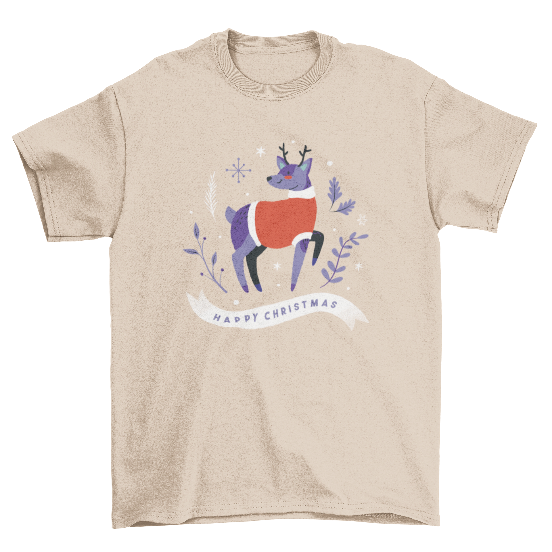 A festive Merry Christmas reindeer t-shirt featuring a cute reindeer illustration and the text 'Merry Christmas'.