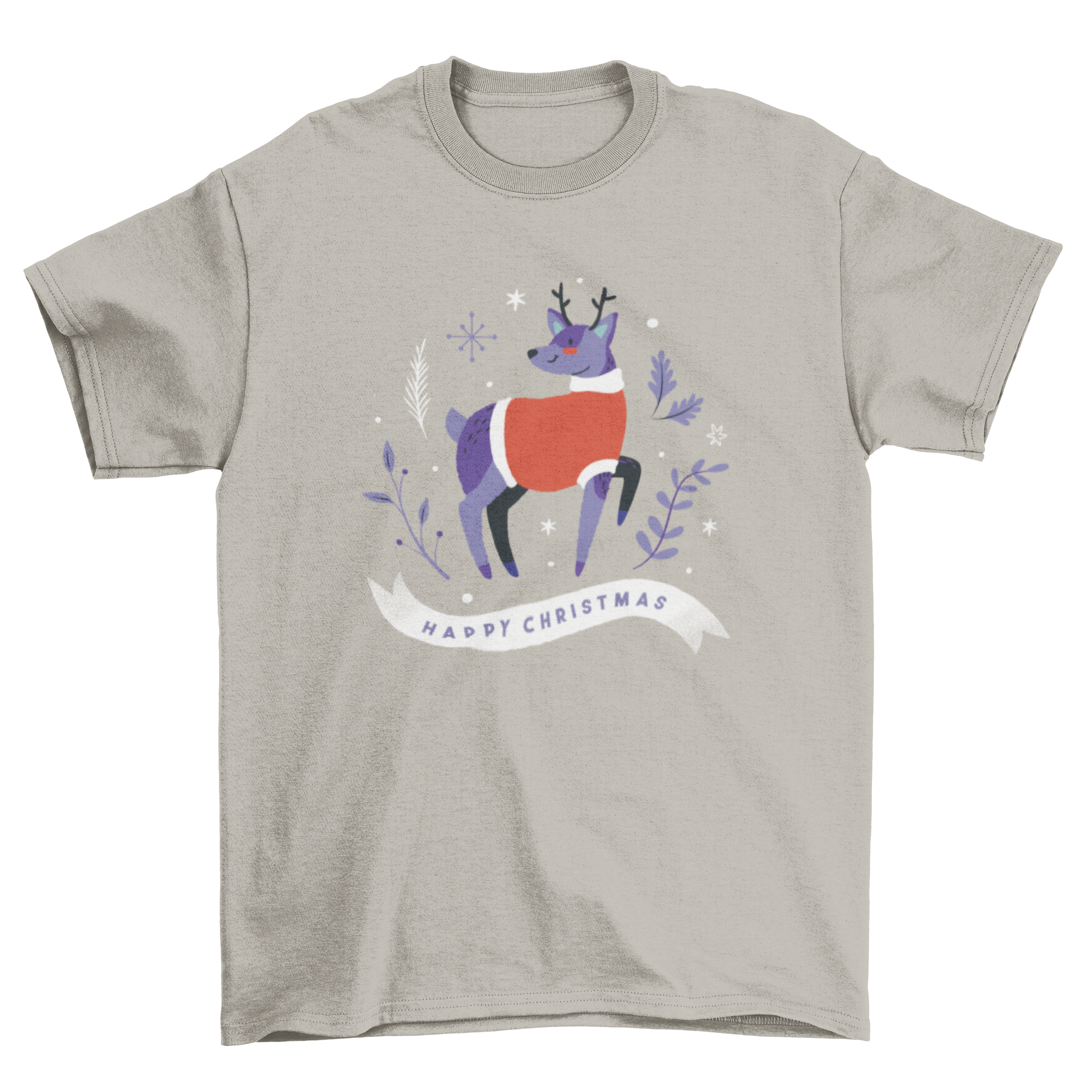 A festive Merry Christmas reindeer t-shirt featuring a cute reindeer illustration and the text 'Merry Christmas'.