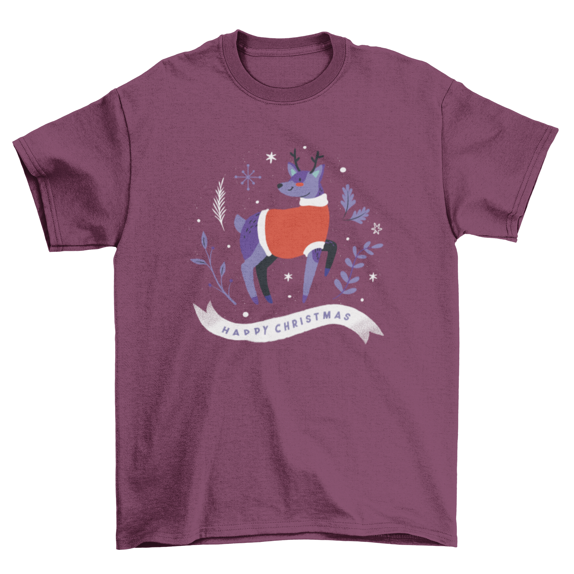 A festive Merry Christmas reindeer t-shirt featuring a cute reindeer illustration and the text 'Merry Christmas'.