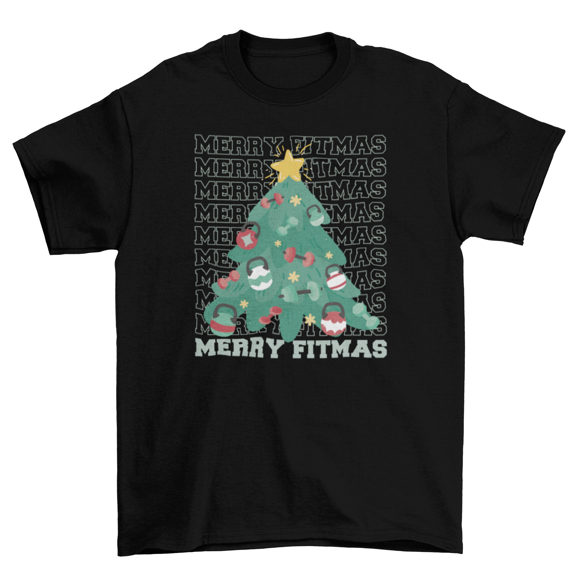 Merry Fitmas Christmas t-shirt featuring a pine tree decorated with weights and the quote 'Merry fitmas'.