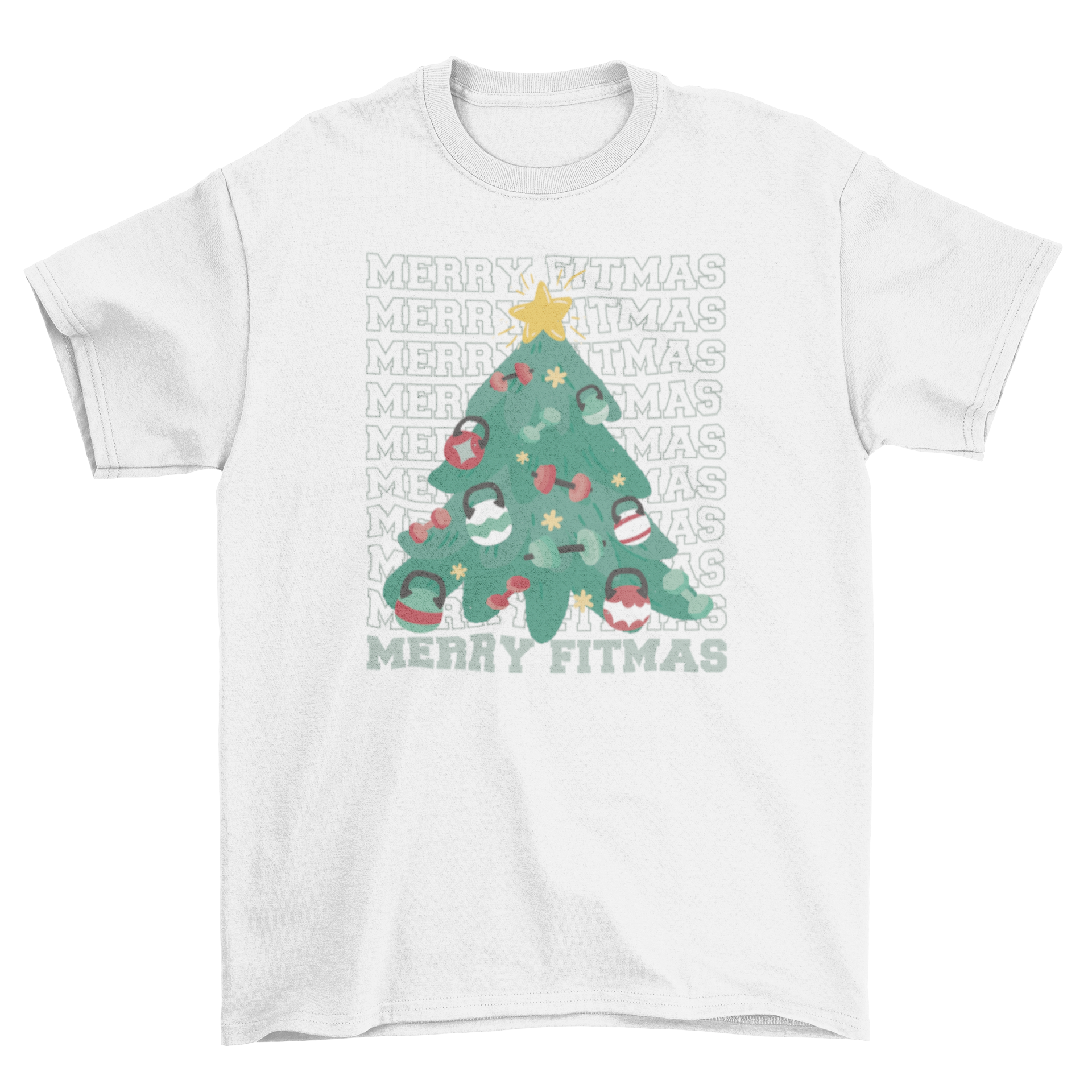 Merry Fitmas Christmas t-shirt featuring a pine tree decorated with weights and the quote 'Merry fitmas'.