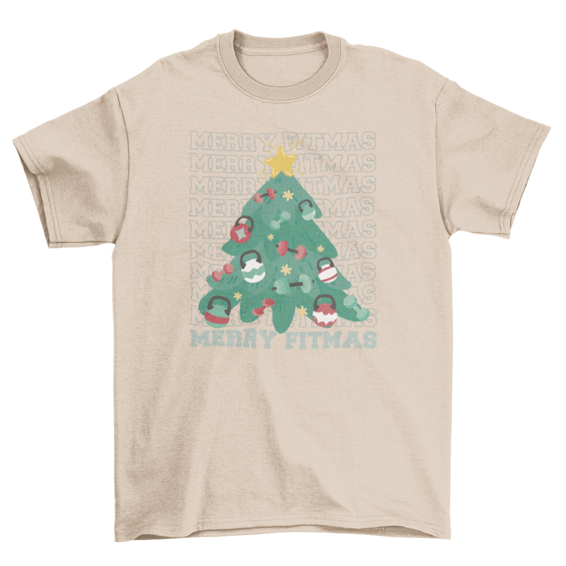 Merry Fitmas Christmas t-shirt featuring a pine tree decorated with weights and the quote 'Merry fitmas'.