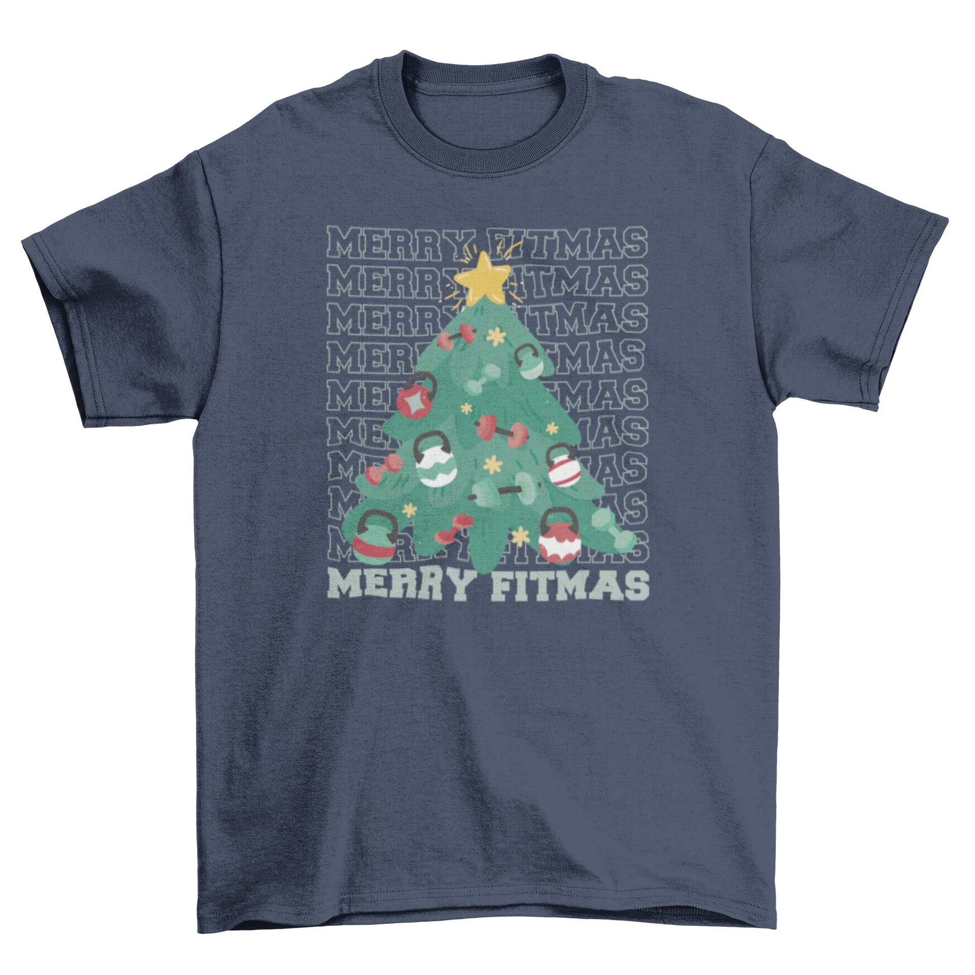 Merry Fitmas Christmas t-shirt featuring a pine tree decorated with weights and the quote 'Merry fitmas'.