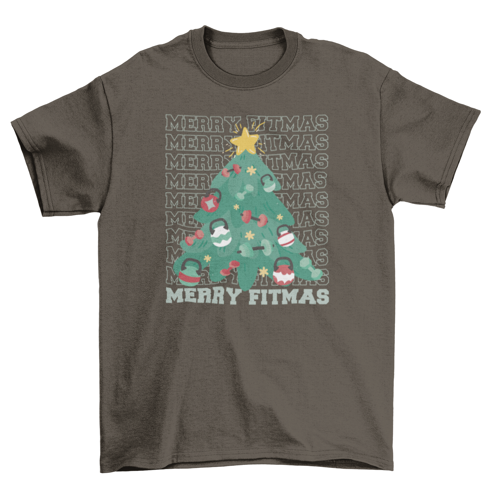 Merry Fitmas Christmas t-shirt featuring a pine tree decorated with weights and the quote 'Merry fitmas'.