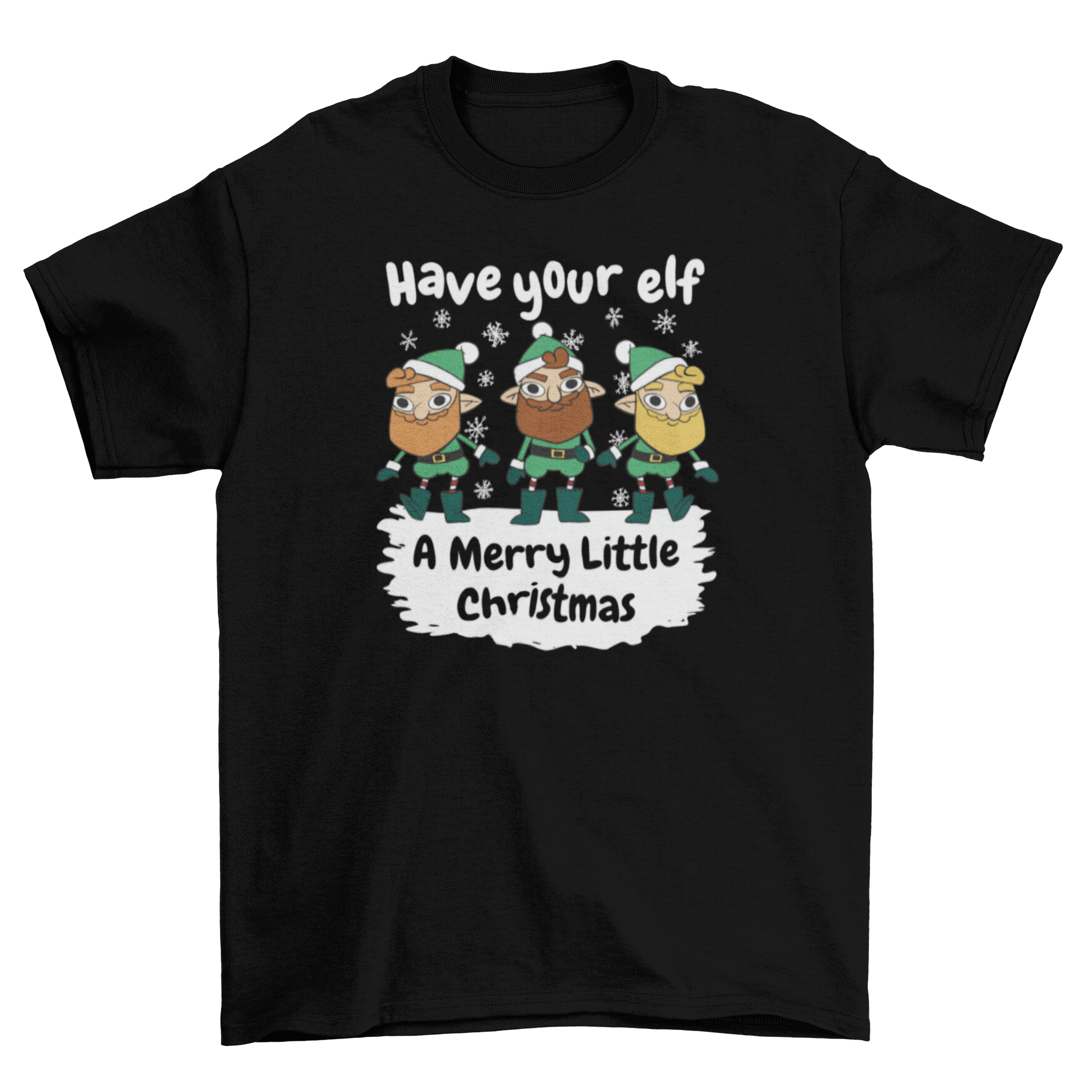 Merry Little Christmas Elf Quote T-Shirt featuring three colorful elves and festive text.