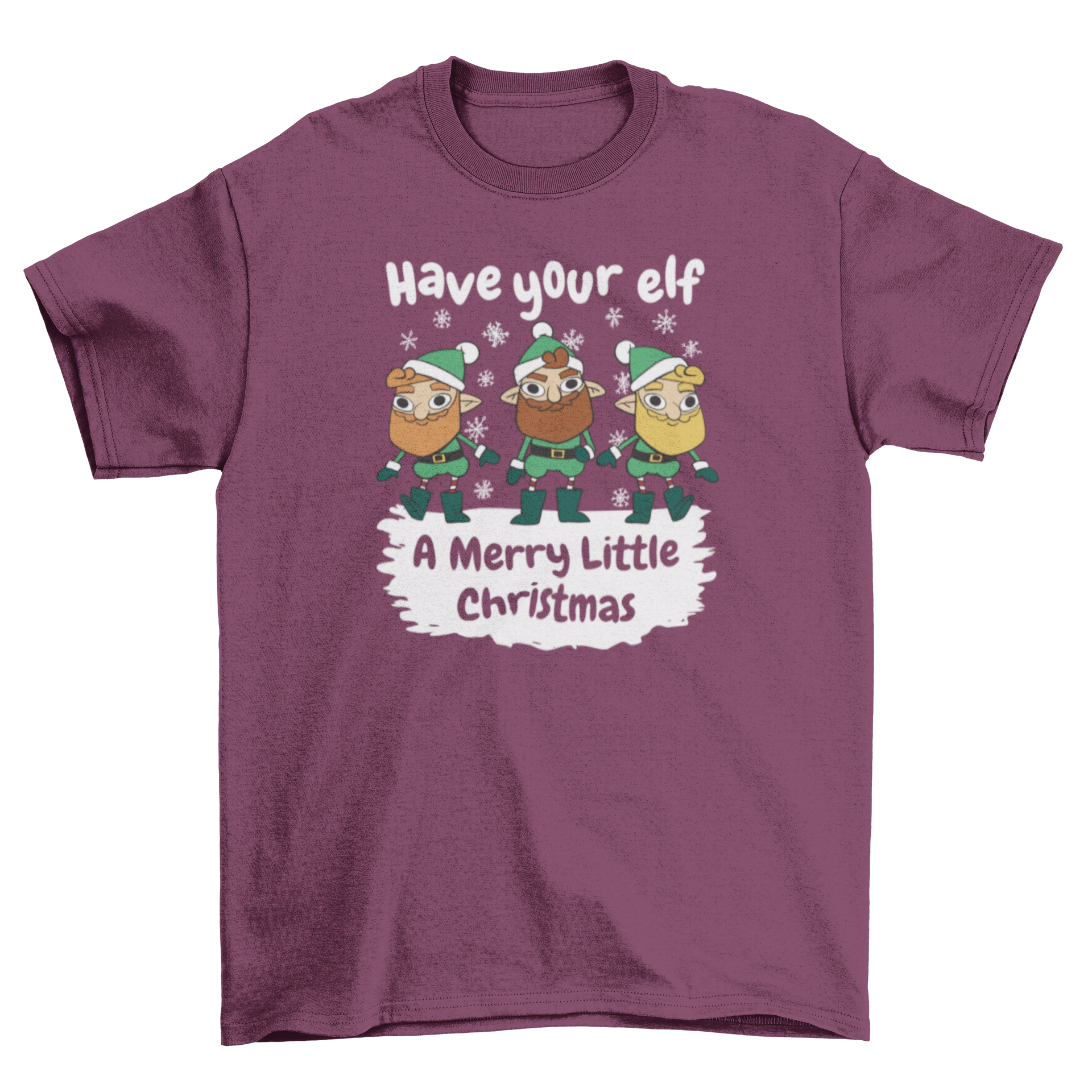 Merry Little Christmas Elf Quote T-Shirt featuring three colorful elves and festive text.