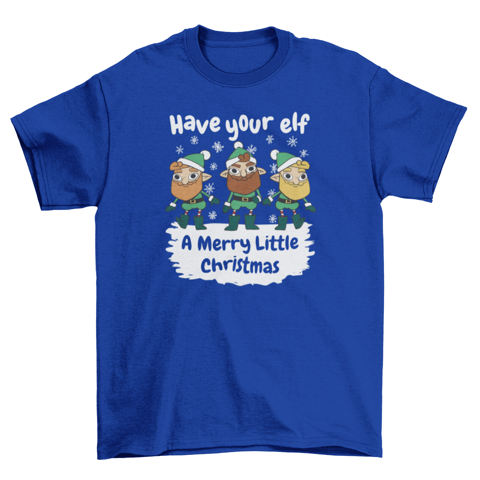 Merry Little Christmas Elf Quote T-Shirt featuring three colorful elves and festive text.