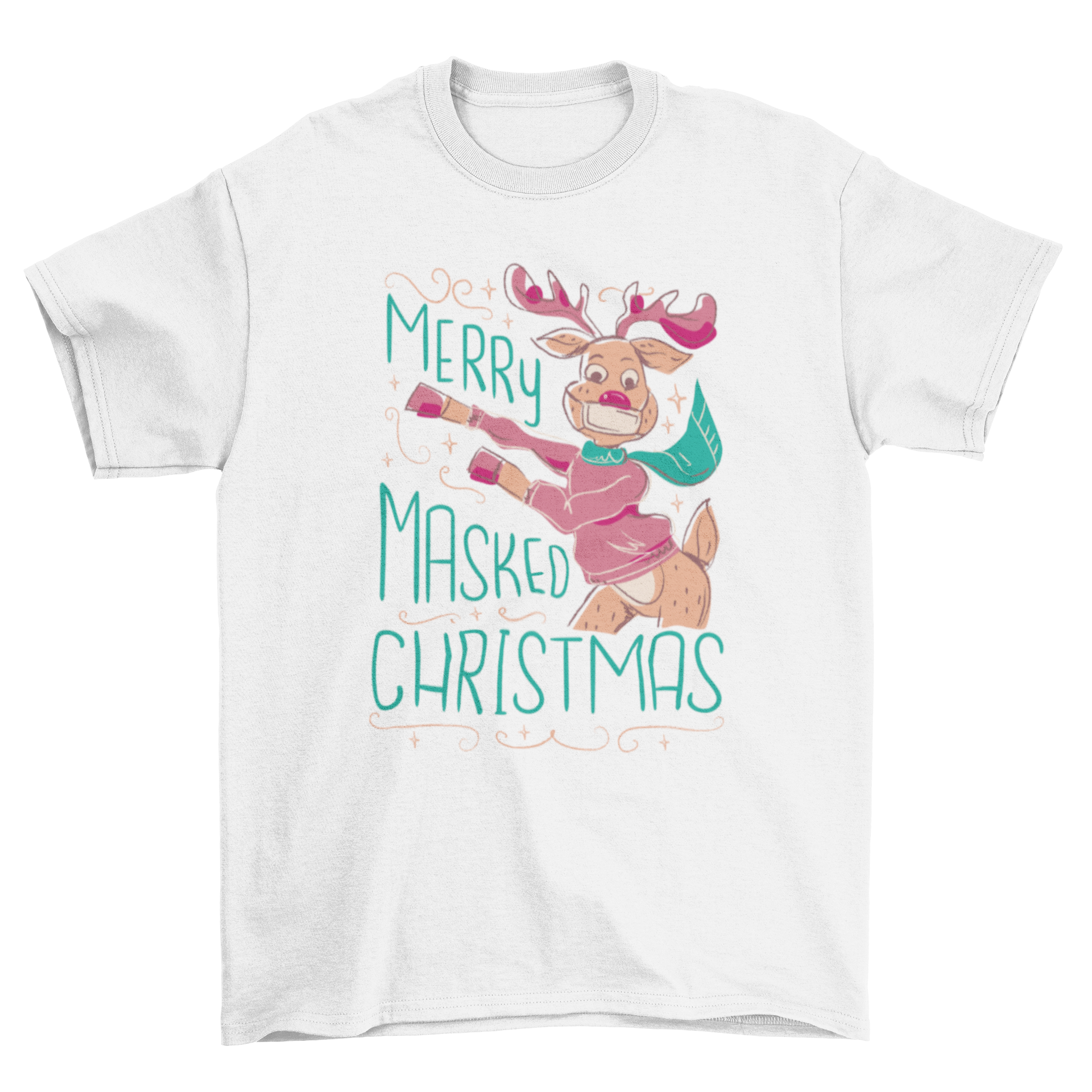 A festive t-shirt featuring a reindeer wearing a mask with the quote 'Merry Masked Christmas' in a playful design.