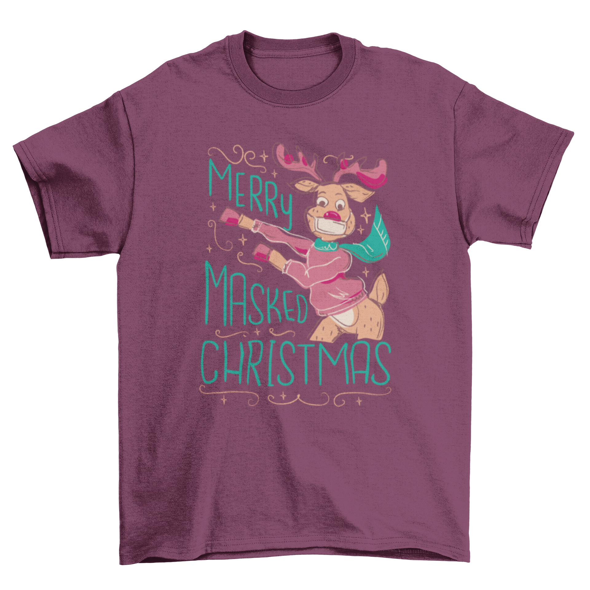 A festive t-shirt featuring a reindeer wearing a mask with the quote 'Merry Masked Christmas' in a playful design.