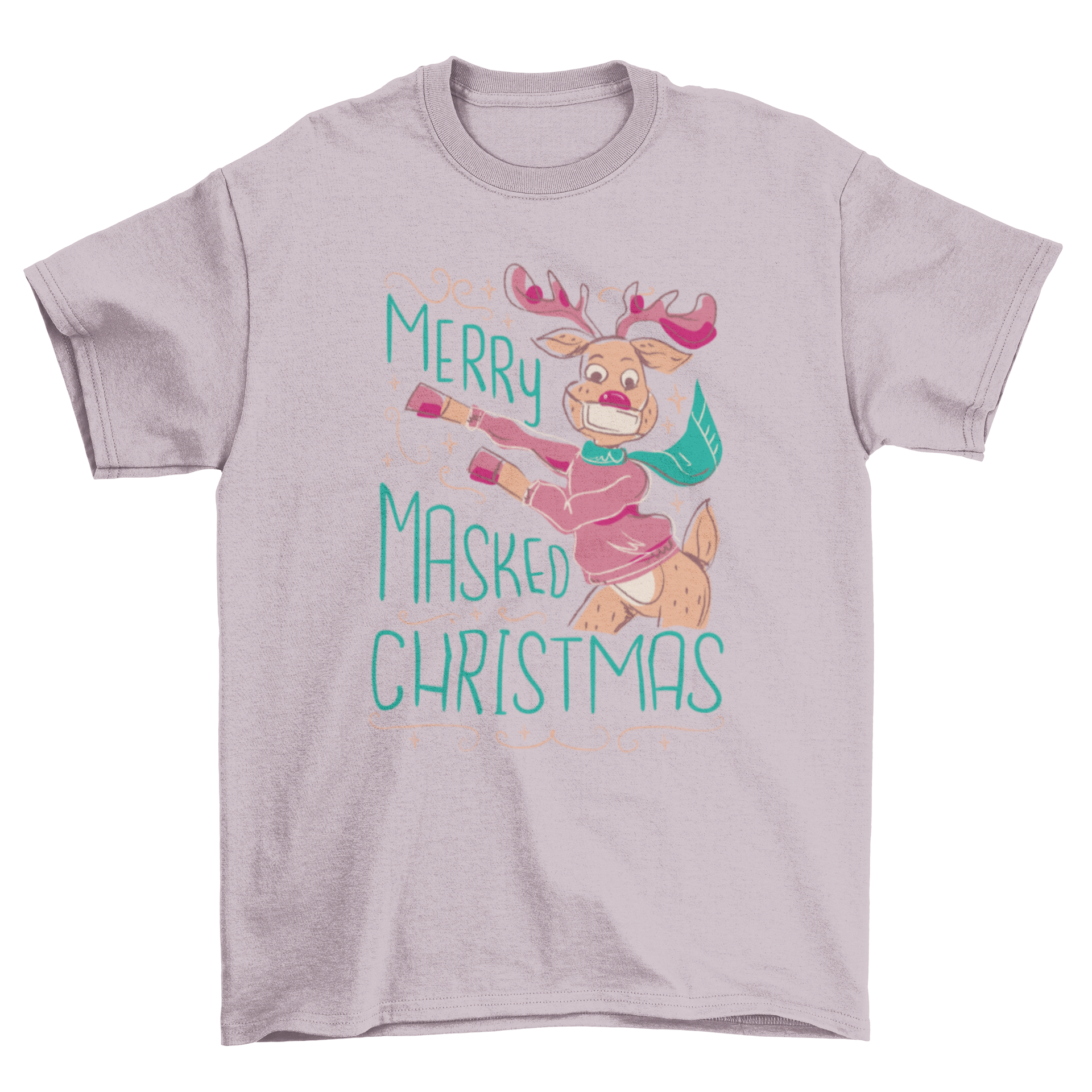 A festive t-shirt featuring a reindeer wearing a mask with the quote 'Merry Masked Christmas' in a playful design.