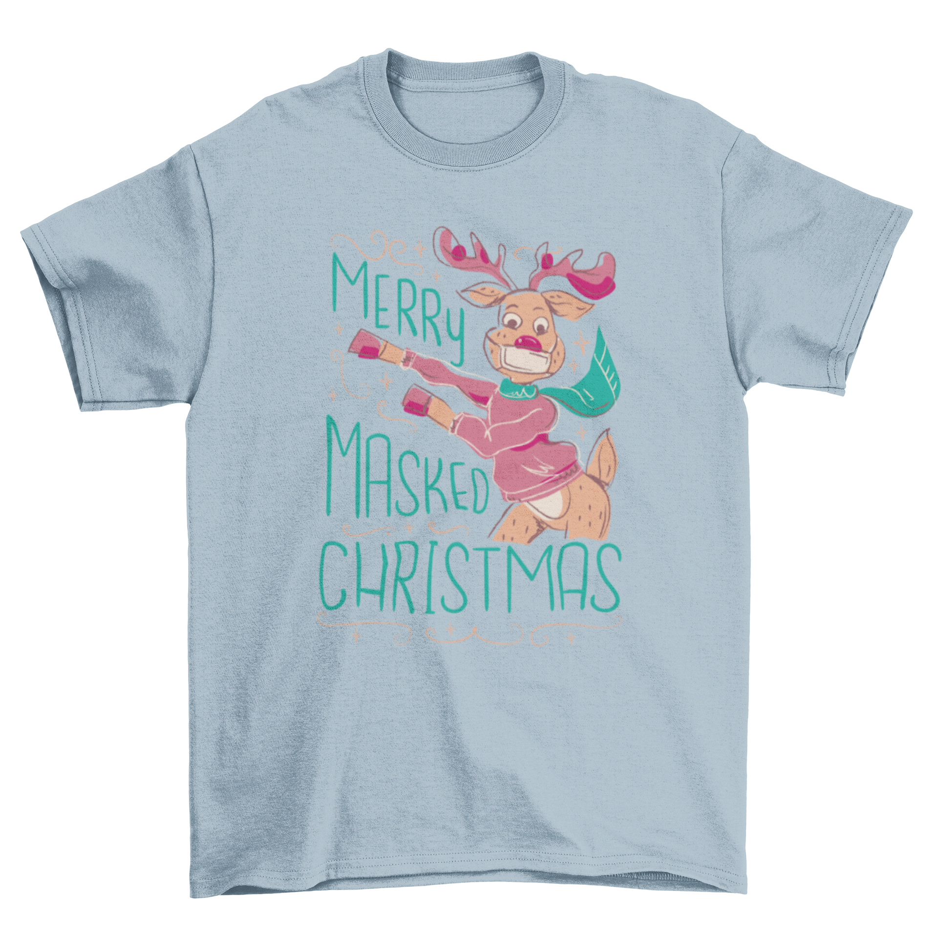 A festive t-shirt featuring a reindeer wearing a mask with the quote 'Merry Masked Christmas' in a playful design.