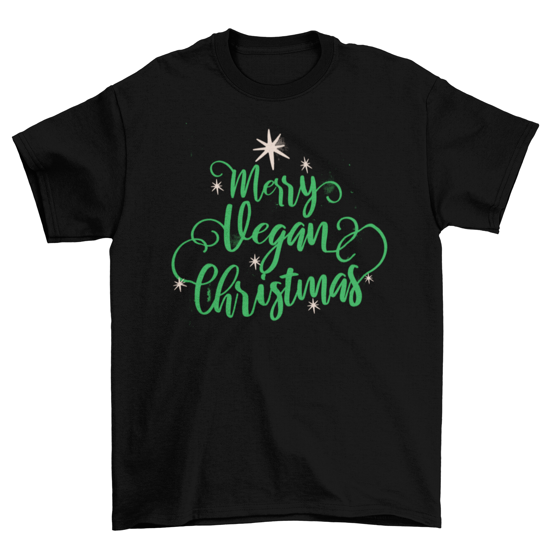 Merry Vegan Christmas T-shirt featuring festive lettering in a stylish design, perfect for holiday celebrations.