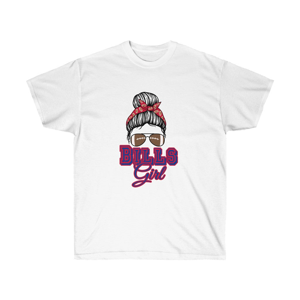 Messy Bun Football Bills Girl T-Shirt featuring a stylish design and soft cotton fabric, perfect for football fans.