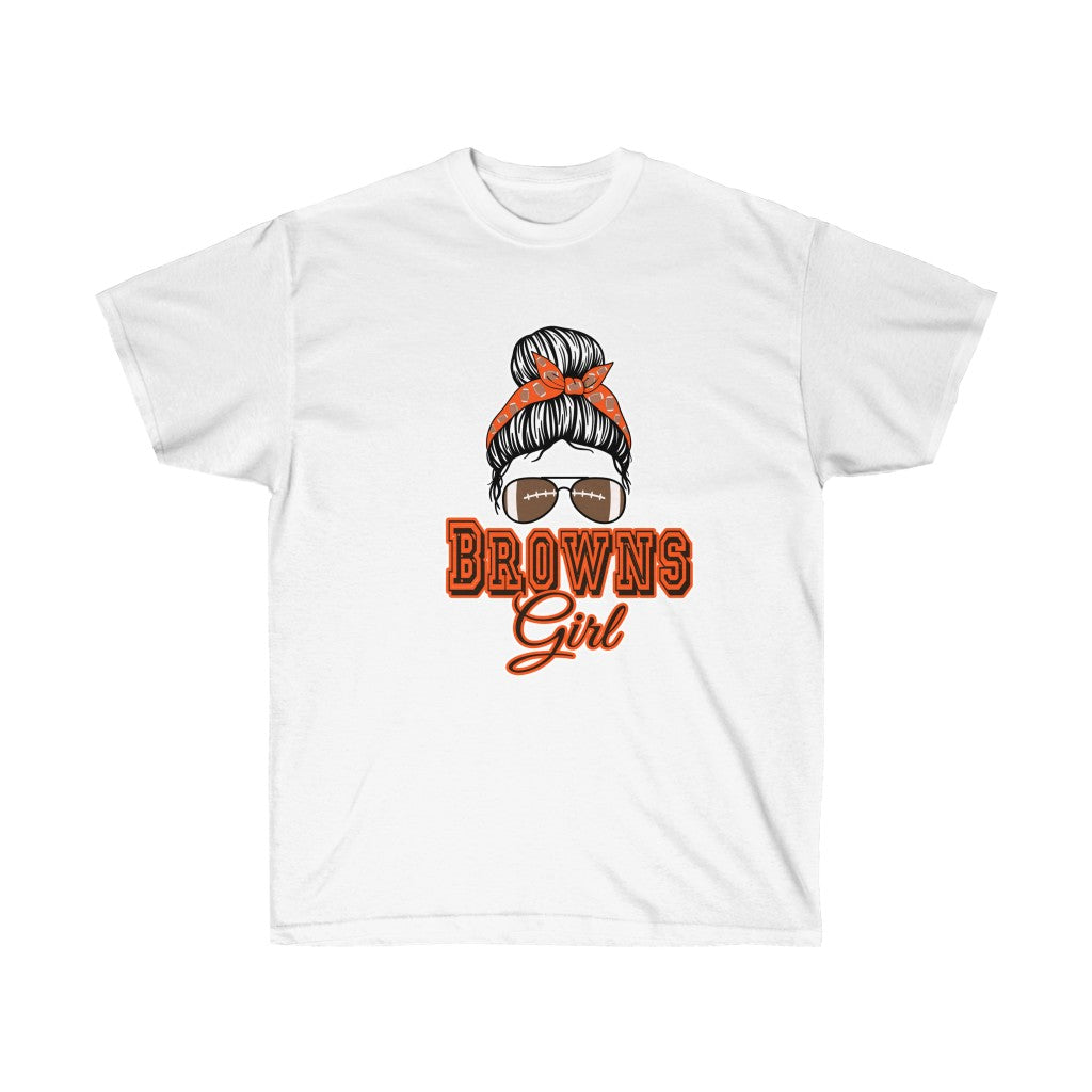 Messy Bun Football Browns Girl T-Shirt featuring a stylish design with a soft cotton fabric, perfect for fans.