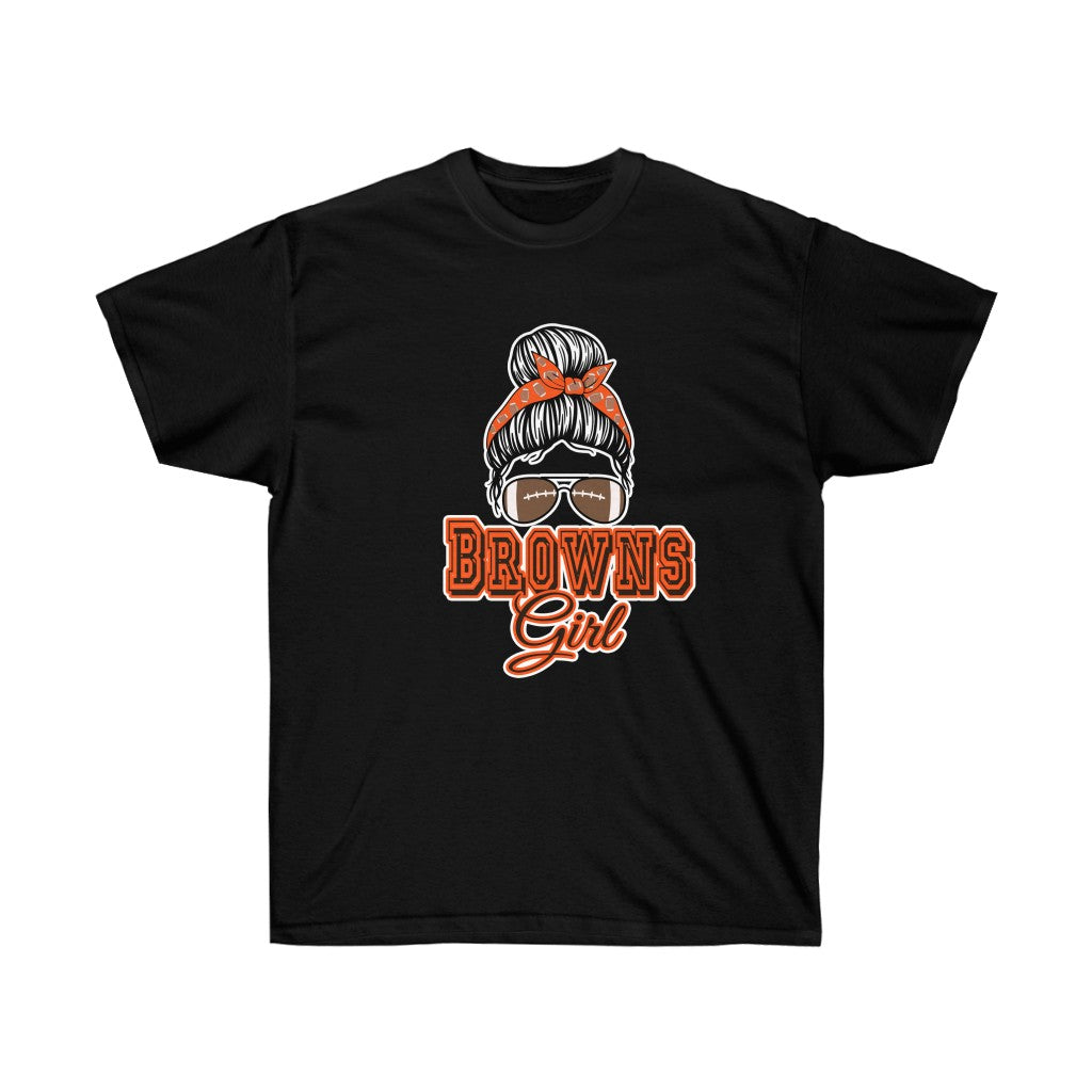 Messy Bun Football Browns Girl T-Shirt featuring a stylish design with a soft cotton fabric, perfect for fans.